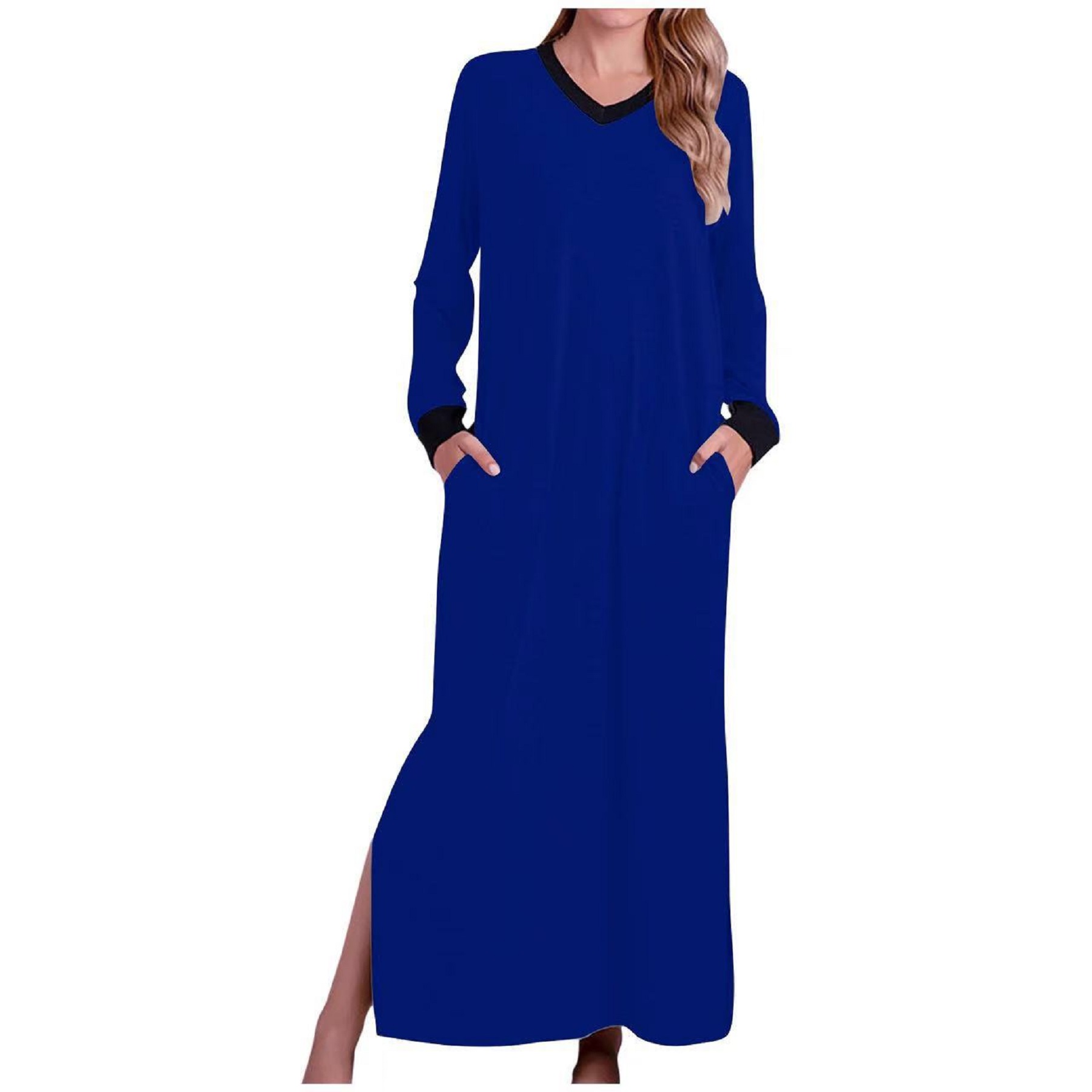 Womens Long Dress V Neck Nightshirts Side Slit 5