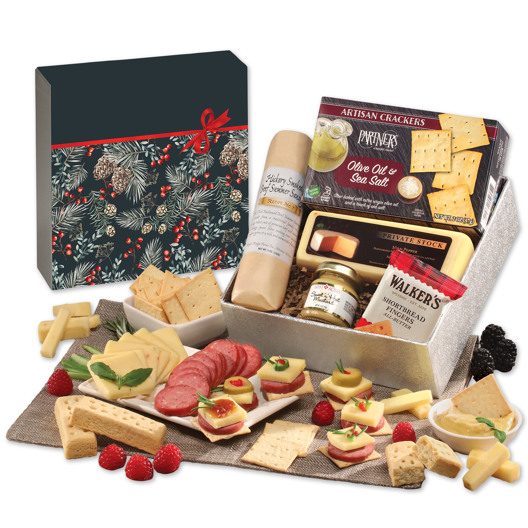 Shelf Stable Snack Lover's Gift Box with Pine Boughs & Berries Sleeve 3