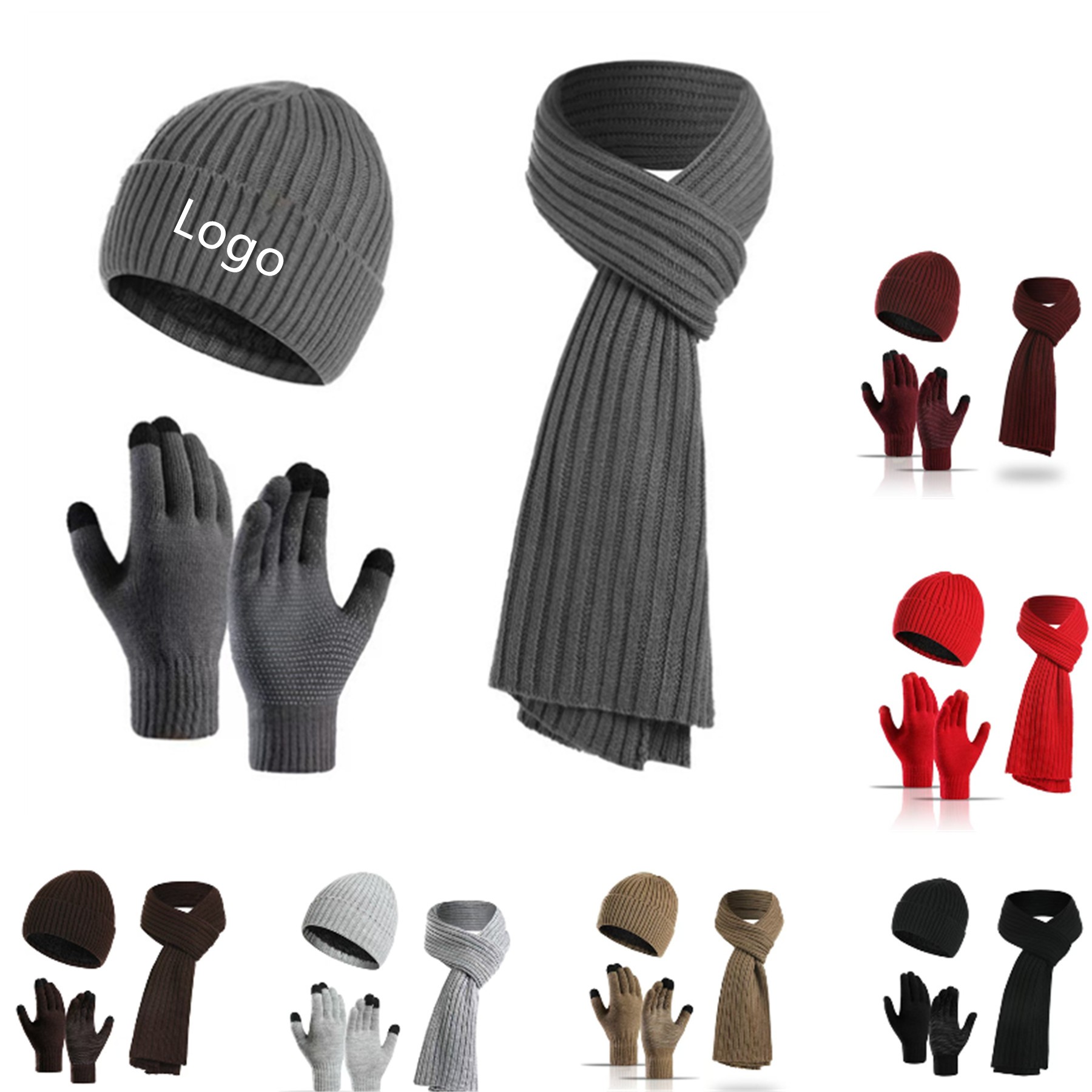 Knitted Beanie Hat Gloves Scarf 3-piece Set 1
