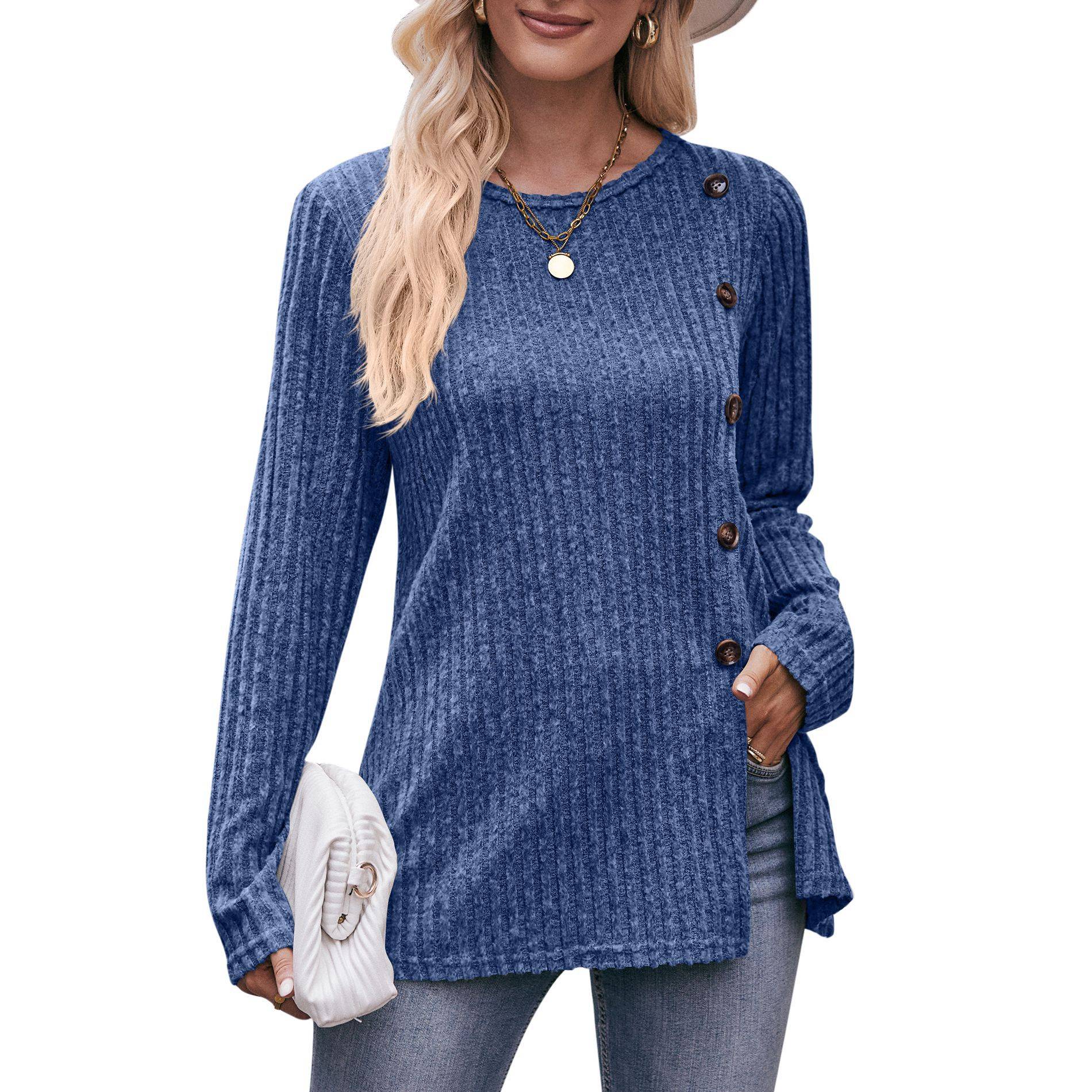 Women's solid color slit button T-shirt 14