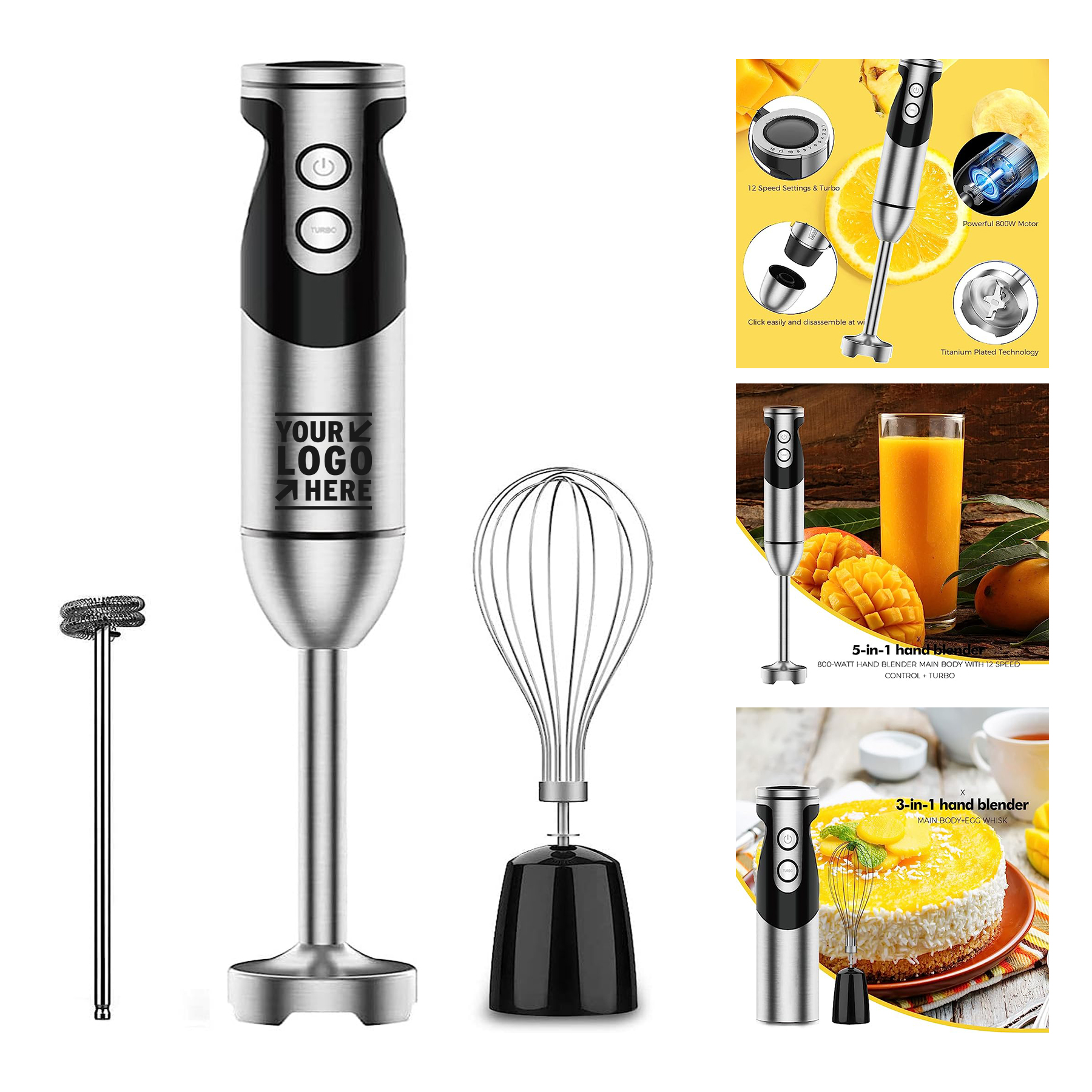 3-in-1 Powerful 800 Watt 12-Speed Stick Immersion Hand Blender