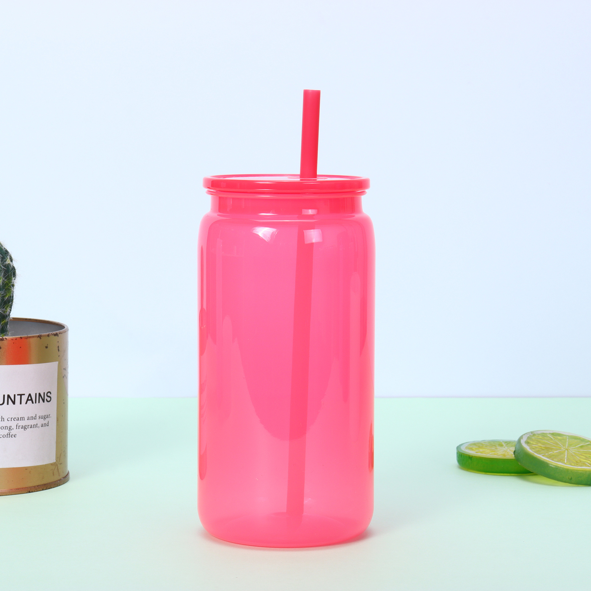 16 oz Plastic Tumbler with Straw and Lid 2