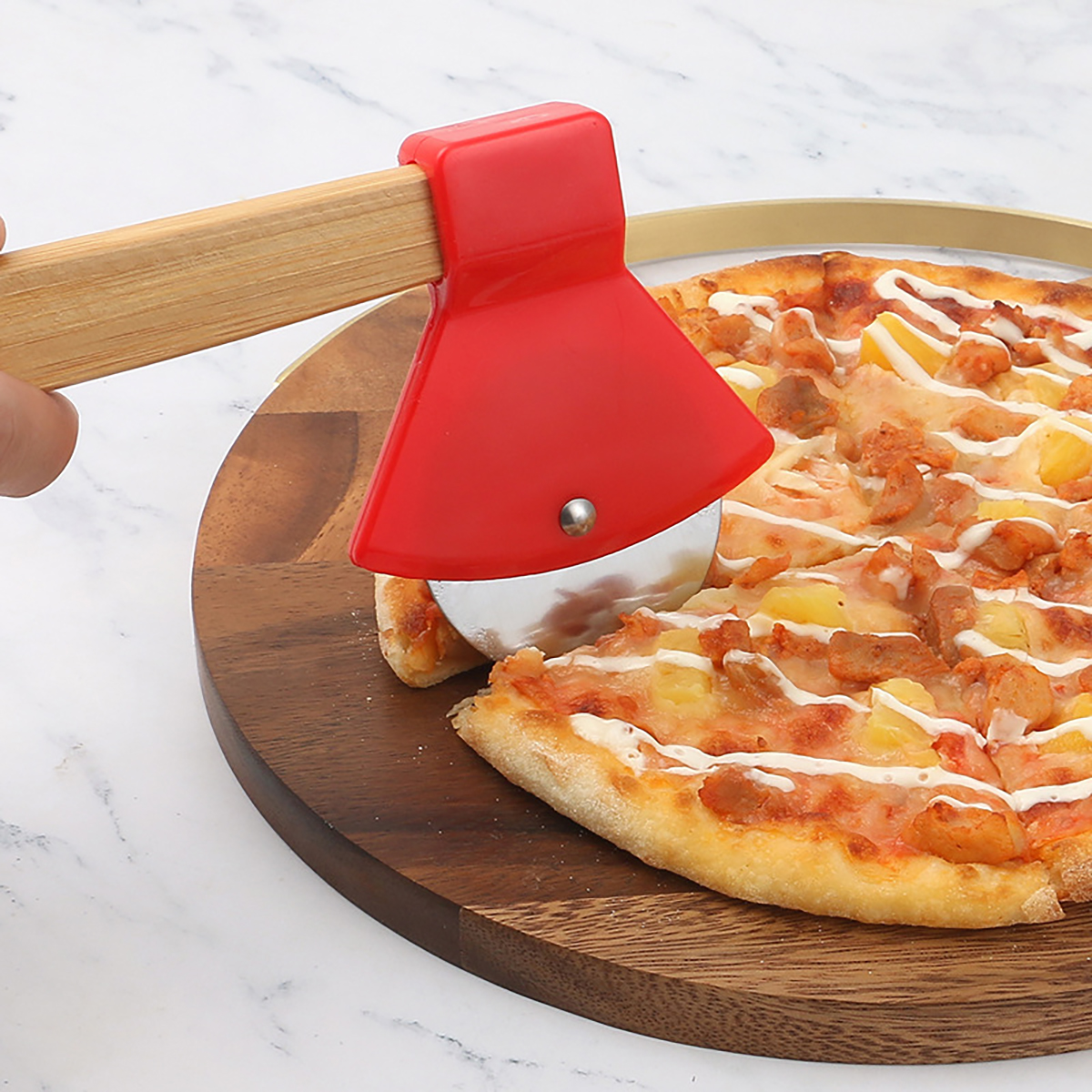 Axe-Shaped Pizza Cutter W/ Wooden Handle & Stainless Blade 3