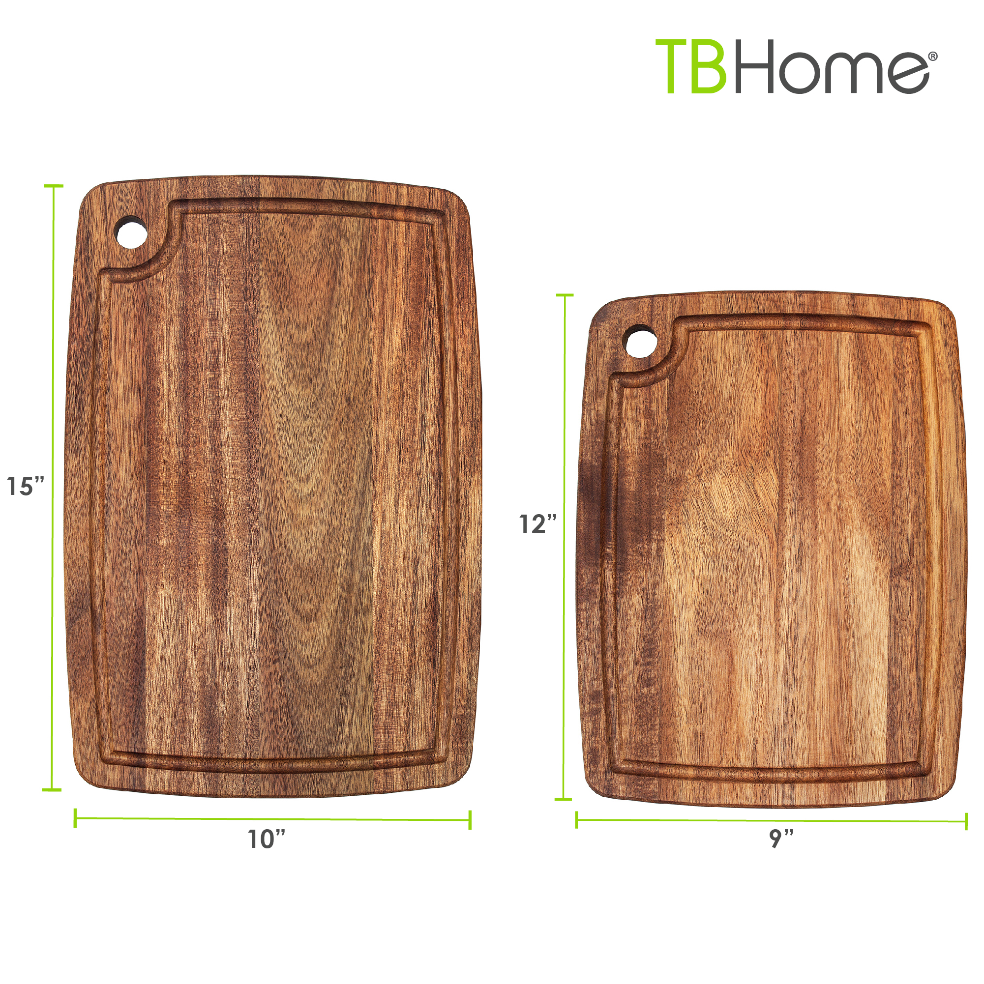 TB Home® 2-Piece Acacia Cutting Board Set, 15" x 10" x 5/8" and 12" x 9" x 5/8" 3