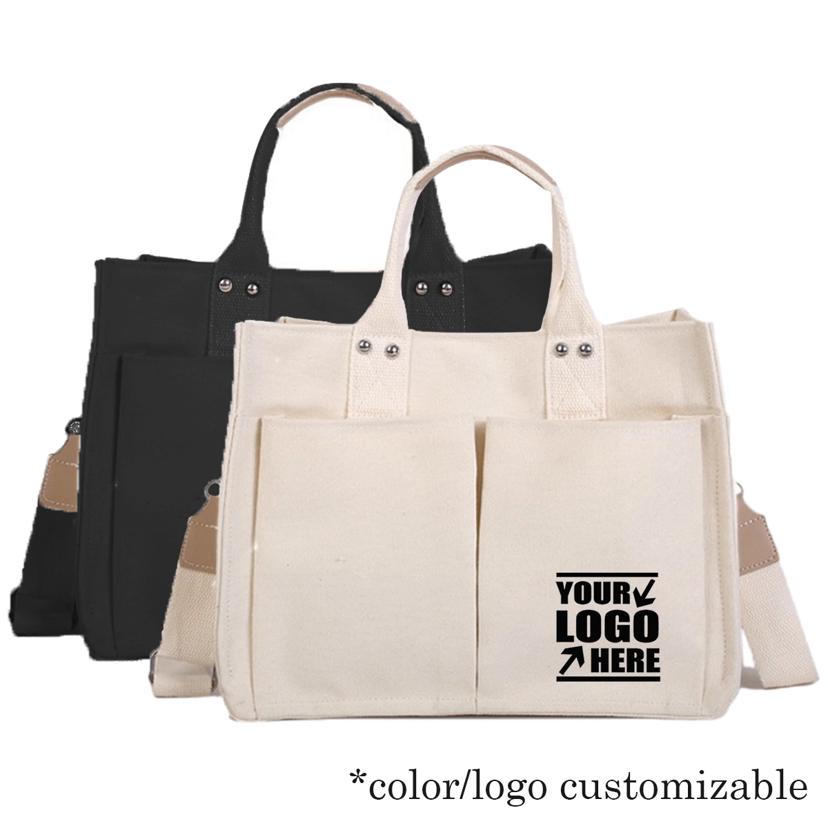 Multi Pocket Shoulder Canvas Tote Bag, custom tote bag with logo imprint 2