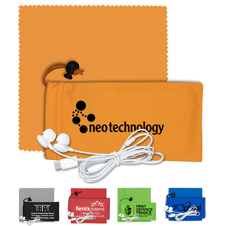 Mobile Tech Earbud Kit with Microfiber Cloth in Microfiber Cinch Pouch