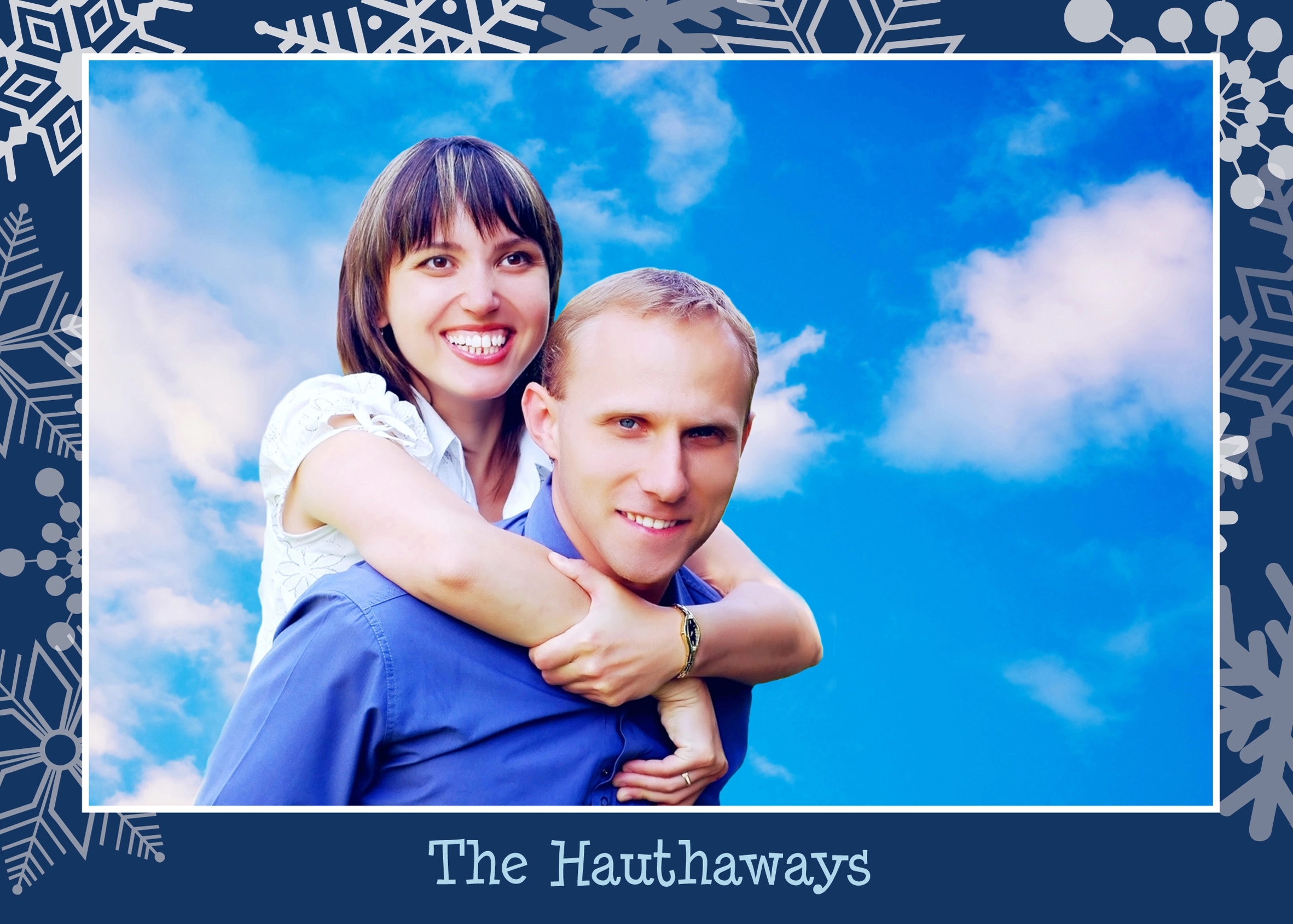 Personalized Blue Snowflake Photo Holiday Card 2