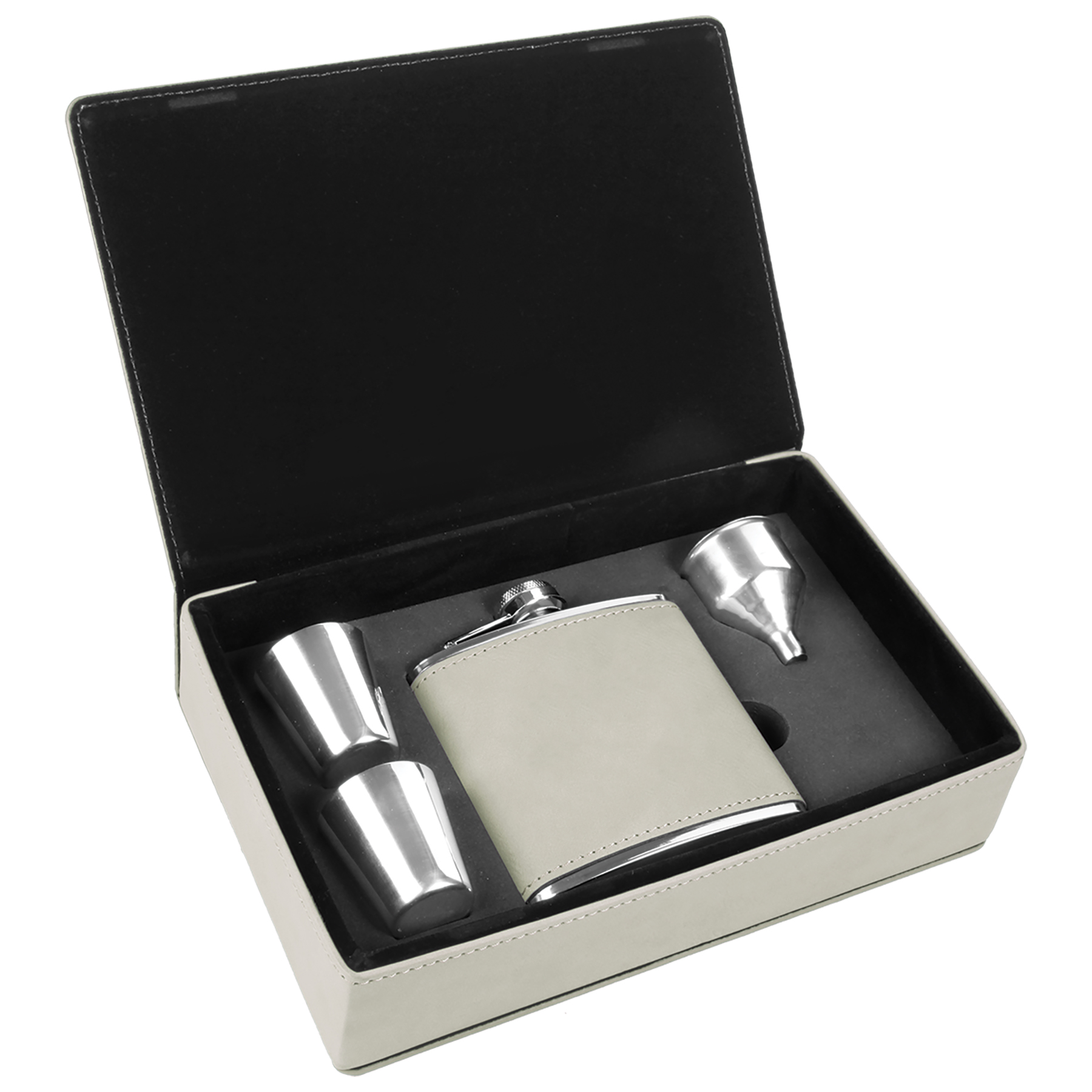 Stainless Steel White Leatherette Flask Gift Set 2