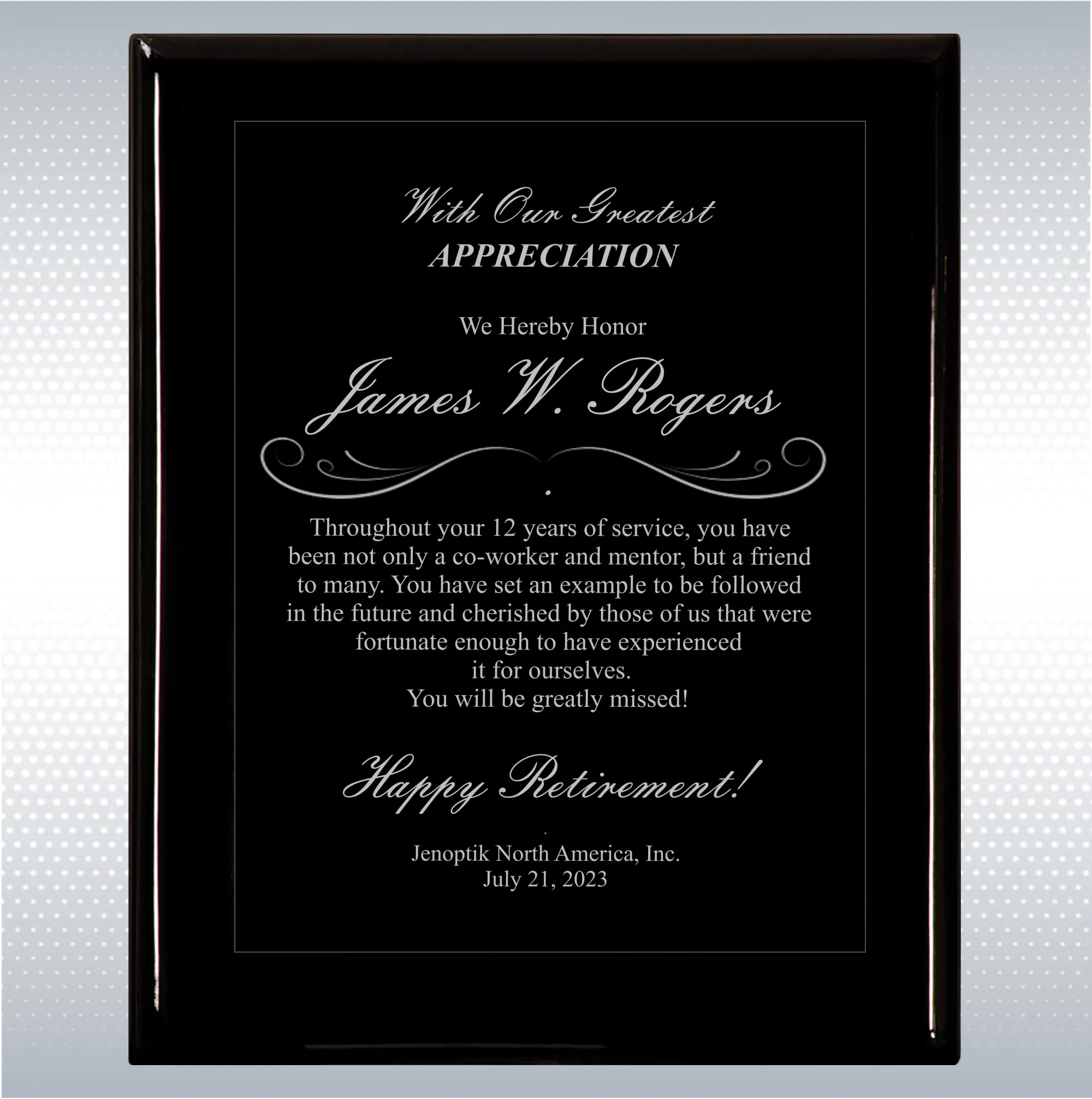 Black Piano Finish Wood Plaque Retirement Gift Award 13