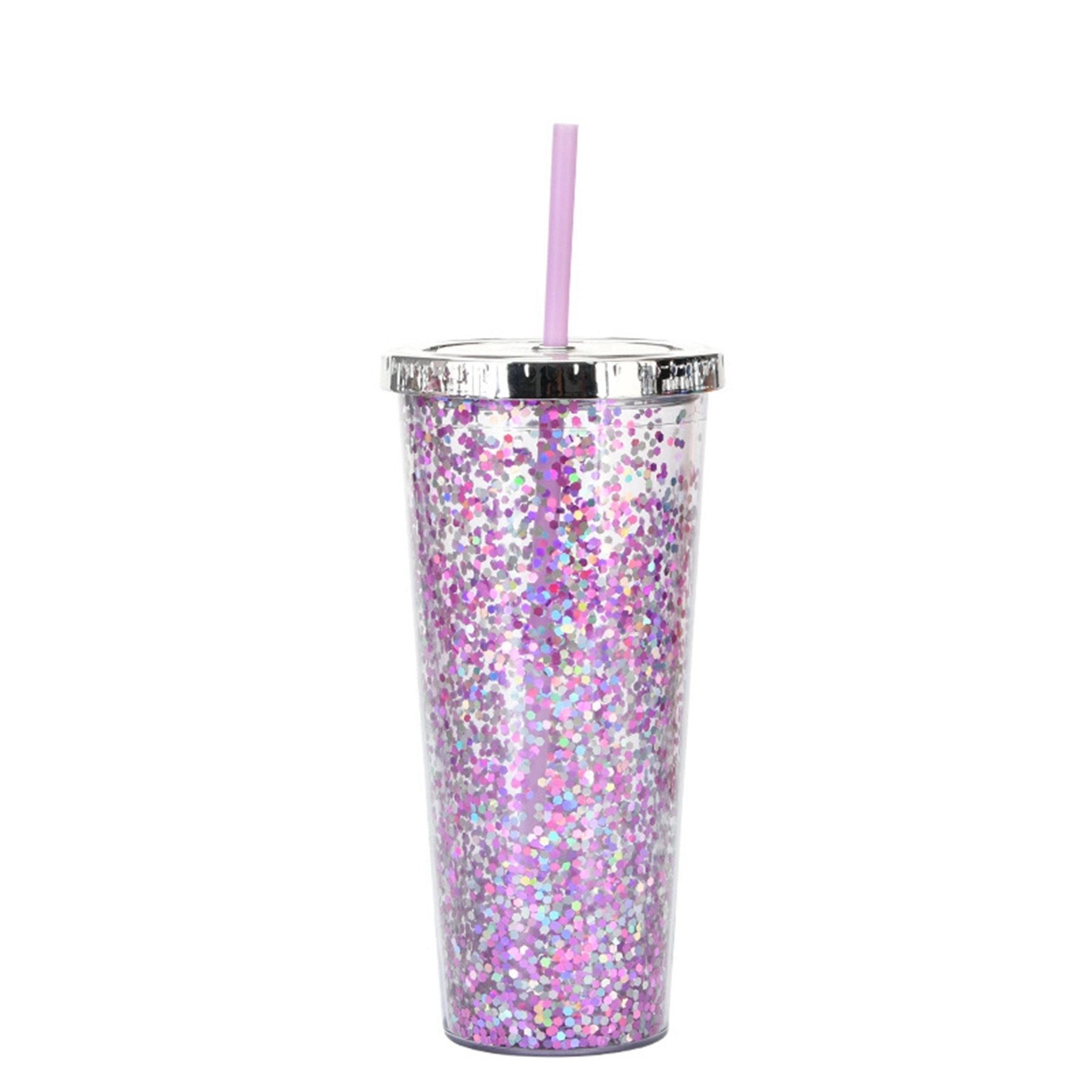 24 Oz. Double Wall Insulated Plastic Glitter Straw Mug 12