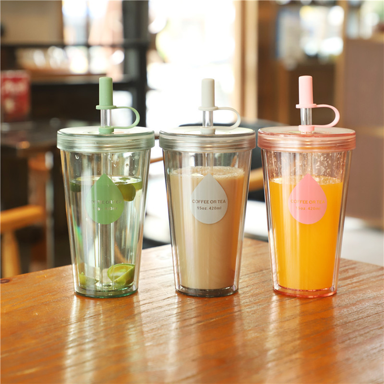 14.2oz Double Wall Insulated Tumbler Coffee Cup With Straw 2