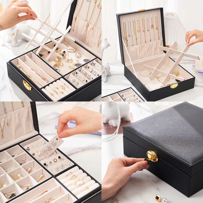 Custom PU Leather 2-Layer Jewelry Organizer Box with Lock 4