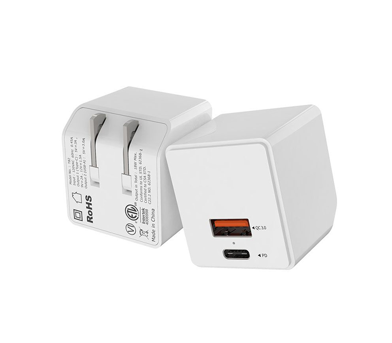 Dual Port USB Foldable Wall Plug Charger - PD 18W + QC3.0 9