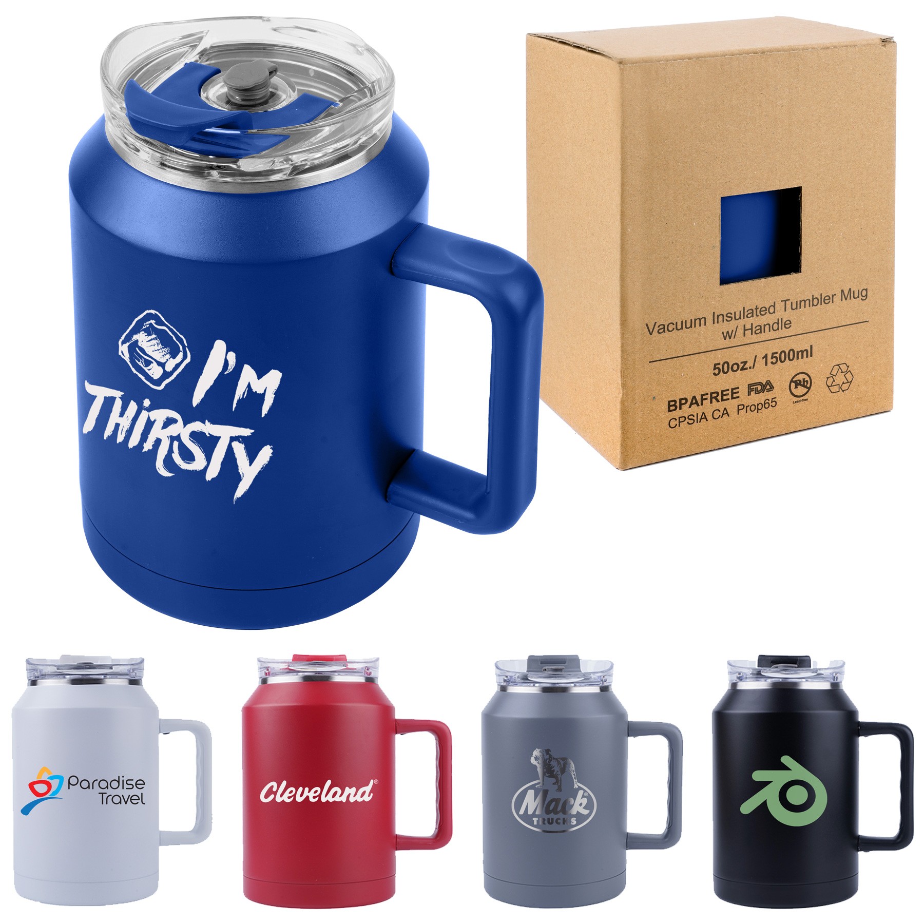 50 oz. Wide Body Stainless Steel Vacuum Insulated Travel Tumbler Mug with Handle 1