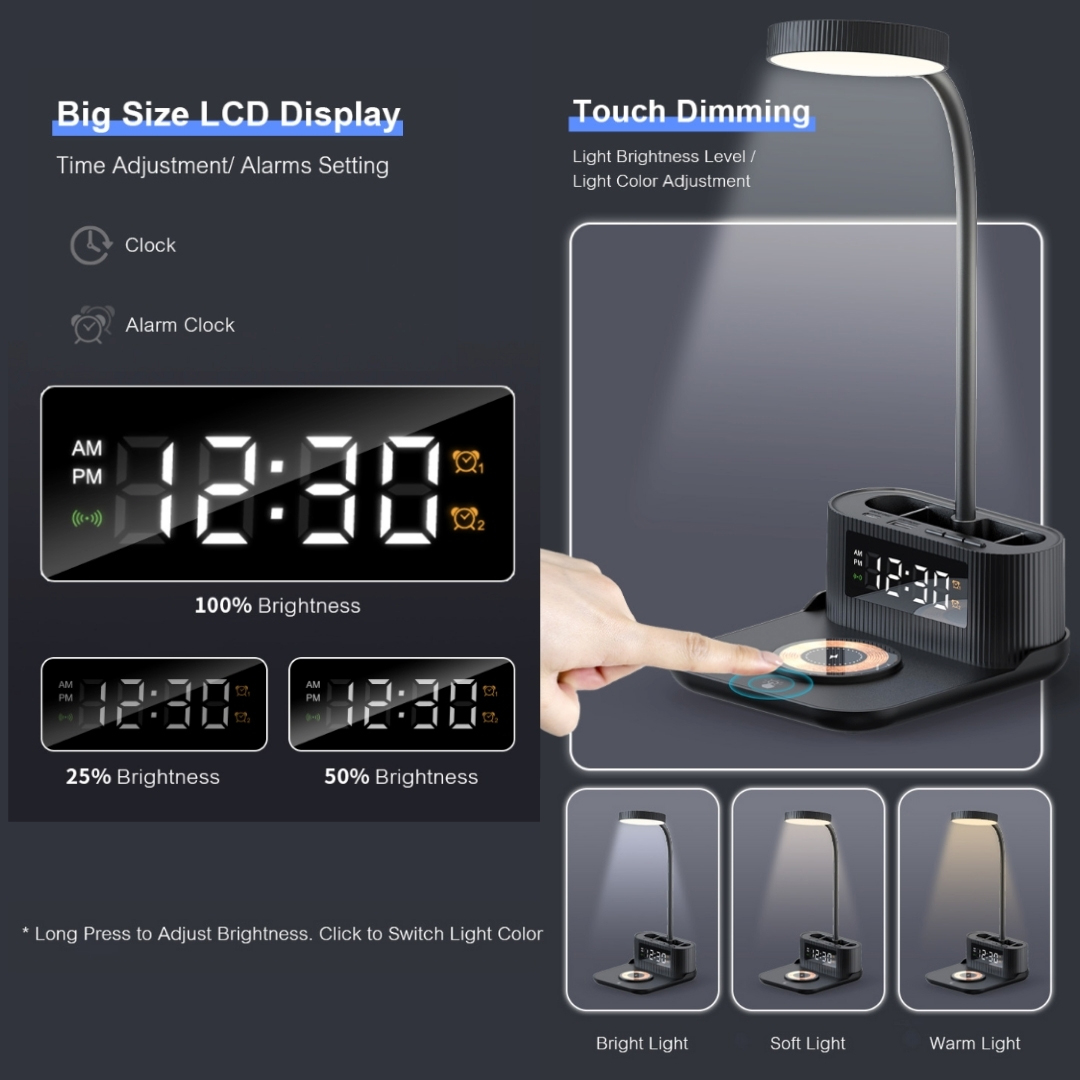 15W Wireless Charger Desk Lamp with Alarm Clock, Pen Holder, and USB/Type-C Output 10