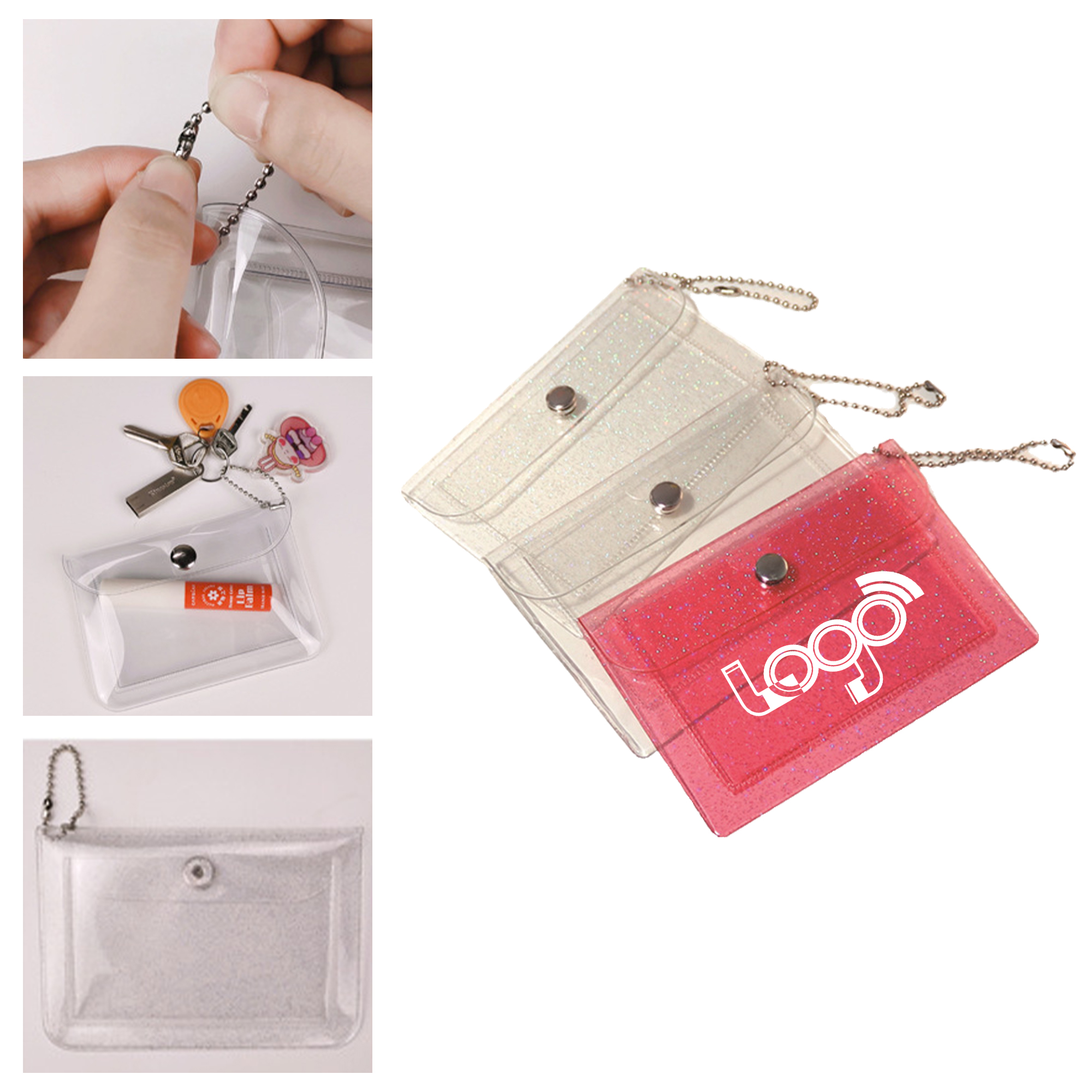 MOQ 50 Transparent PVC Coin and Card Holder with Chain 2