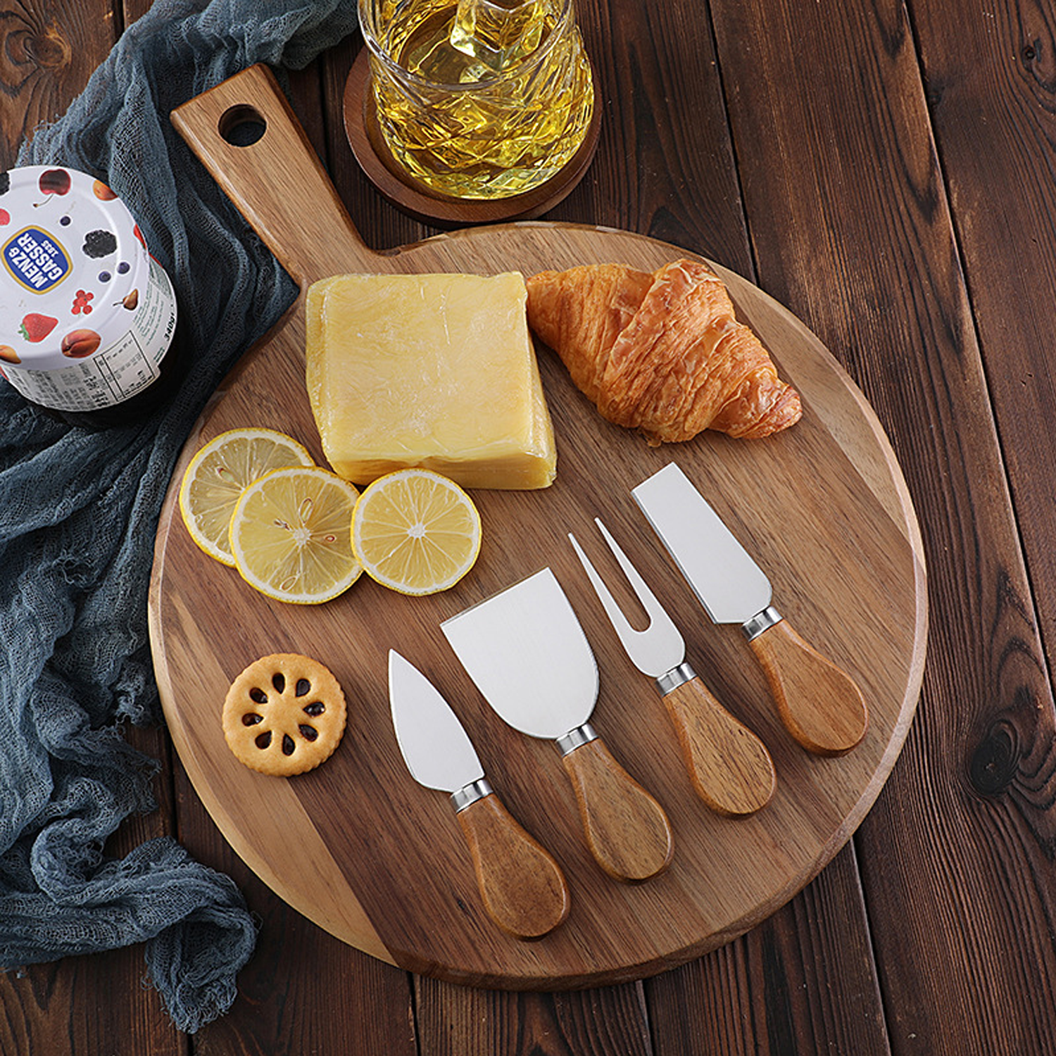 Wood Round Cheese Board Set W/ 4 Stainless Steel Knives 9