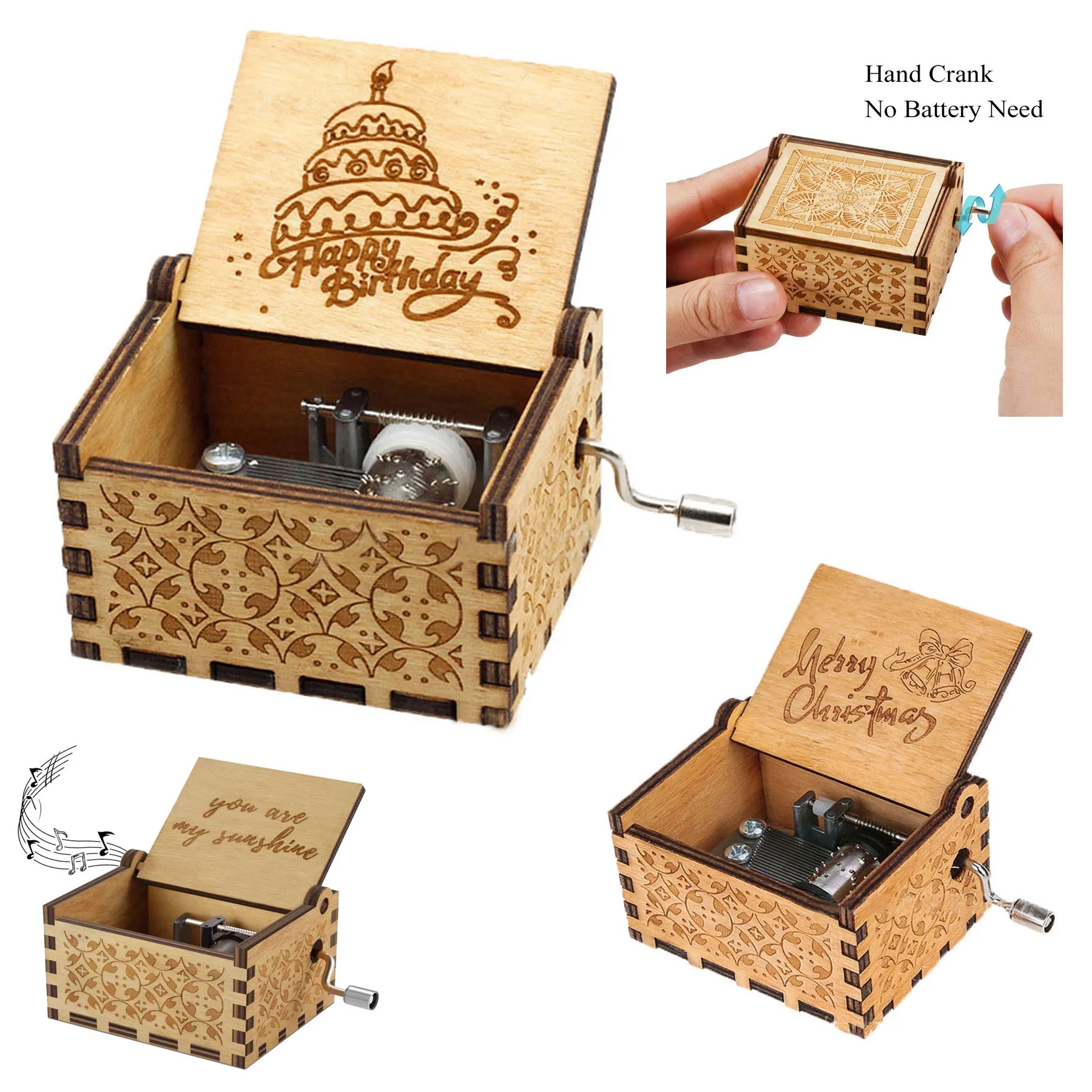 Retro Hand Crank Crafts Wooden Music Box 3