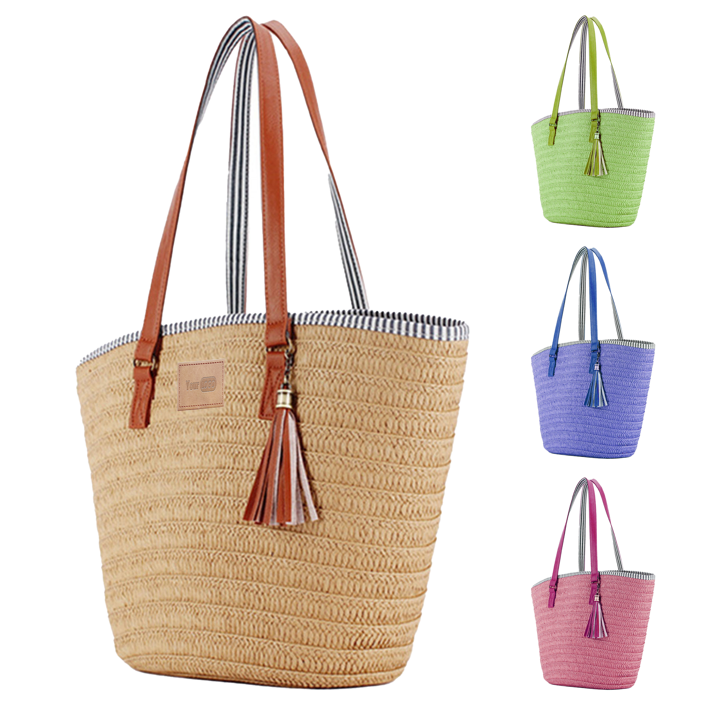 Paper Rope Eco-Friendly Straw Tote Bag With Stylish Tassel And Leather, custom tote bag with logo imprint 4
