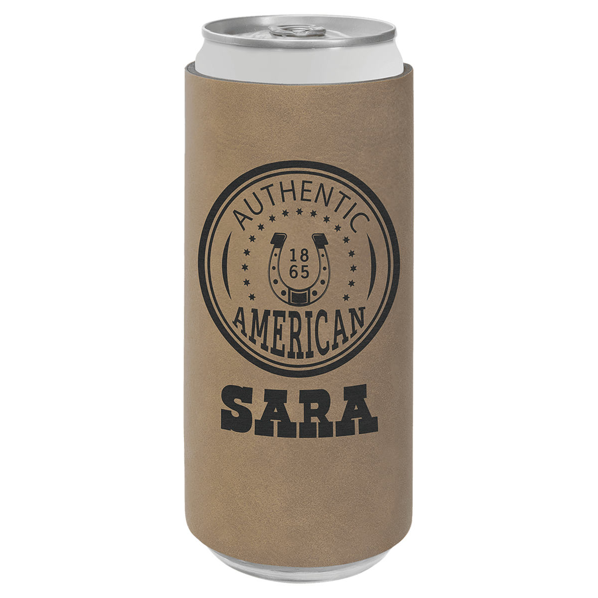 Light Brown Leatherette Slim Beverage Holder, custom koozie with logo imprint 3