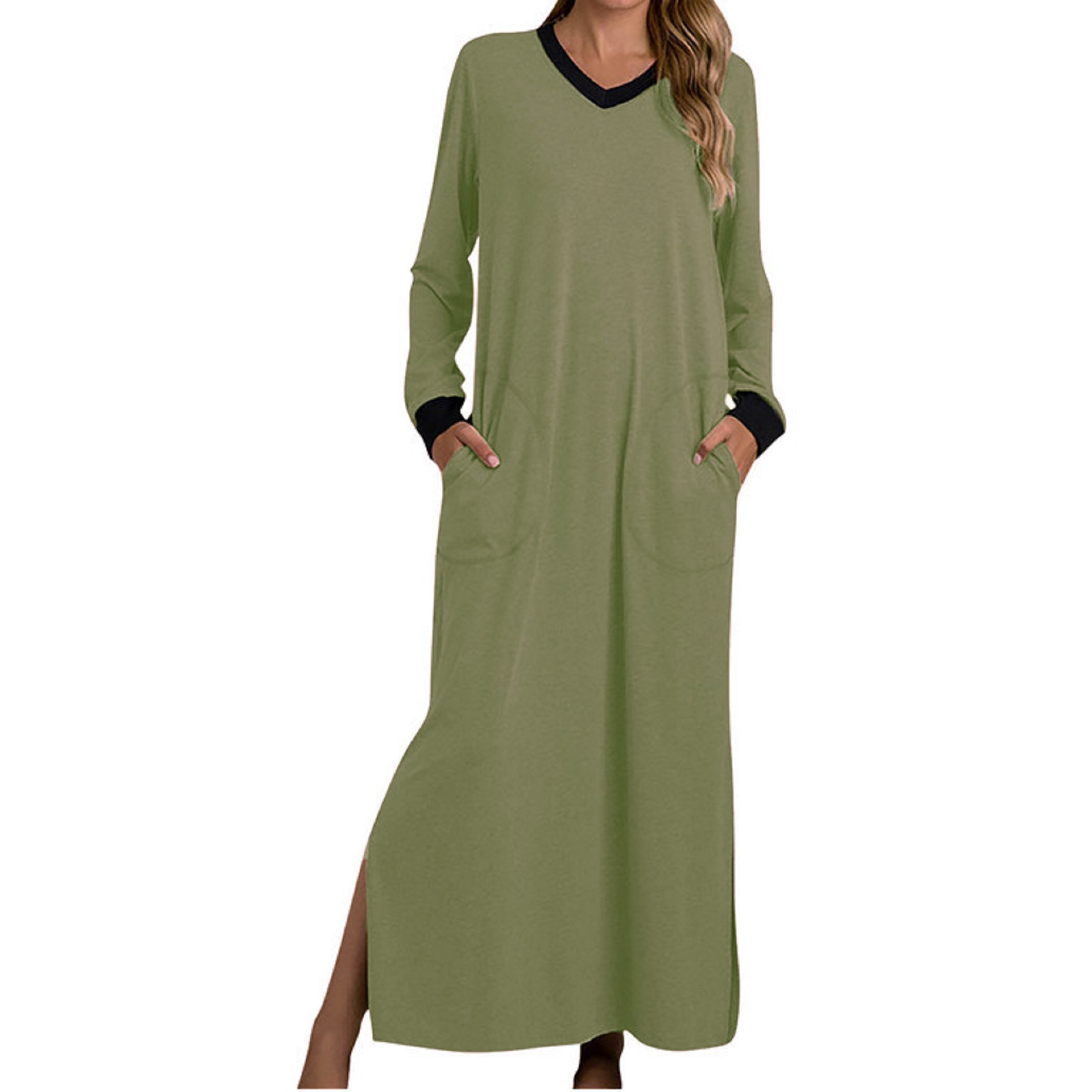 Womens Long Dress V Neck Nightshirts Side Slit 7