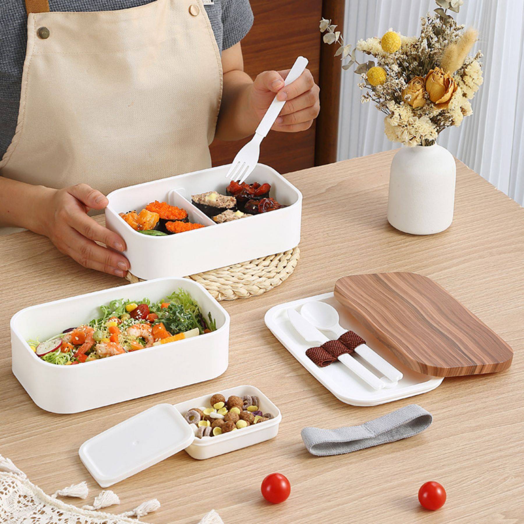 Wooden grain double layer plastic bento lunch box 3