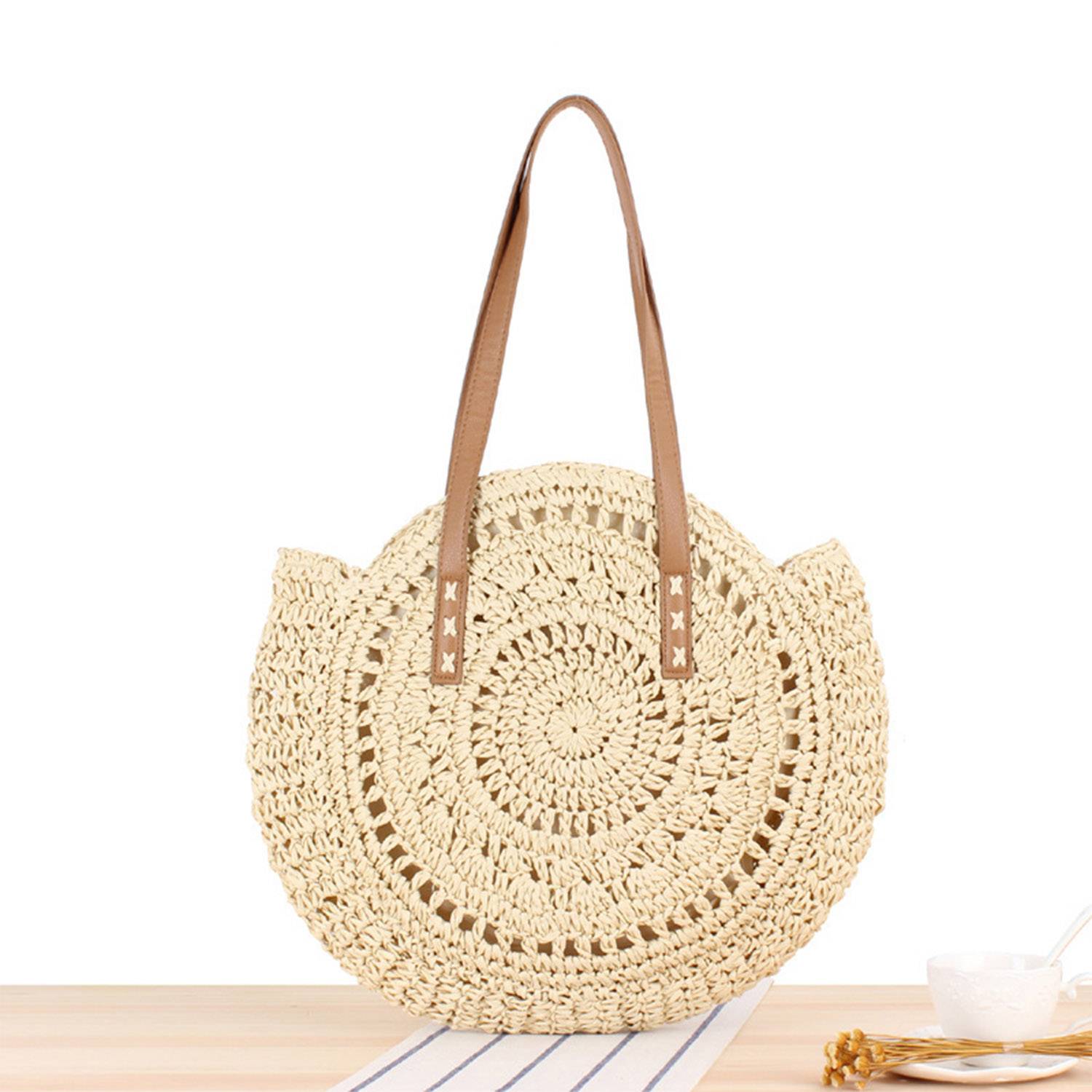 Women Round Hollow Straw Tote Bag 3