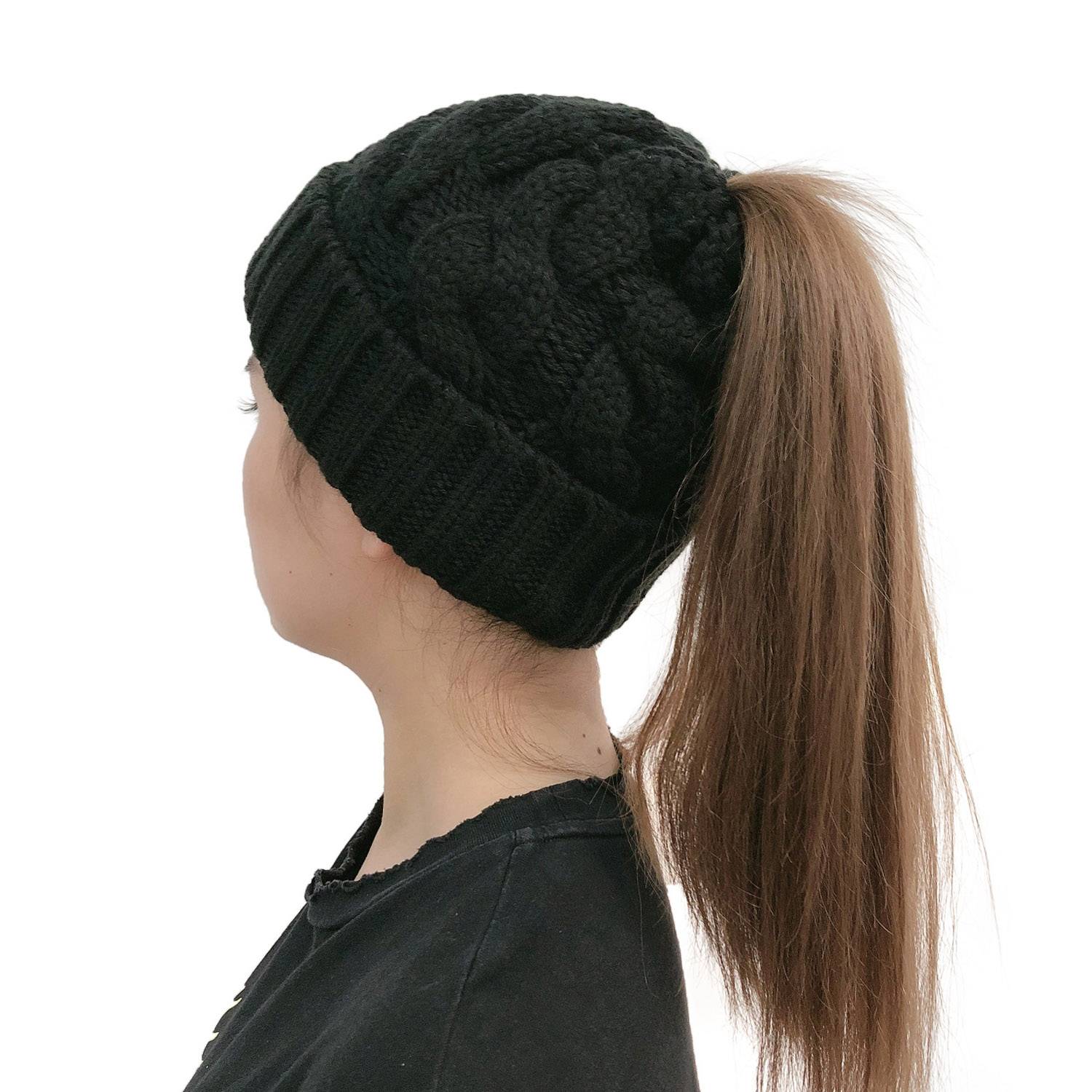 Women's Solid Color Curled Edge Knitted Ponytail Hat 5