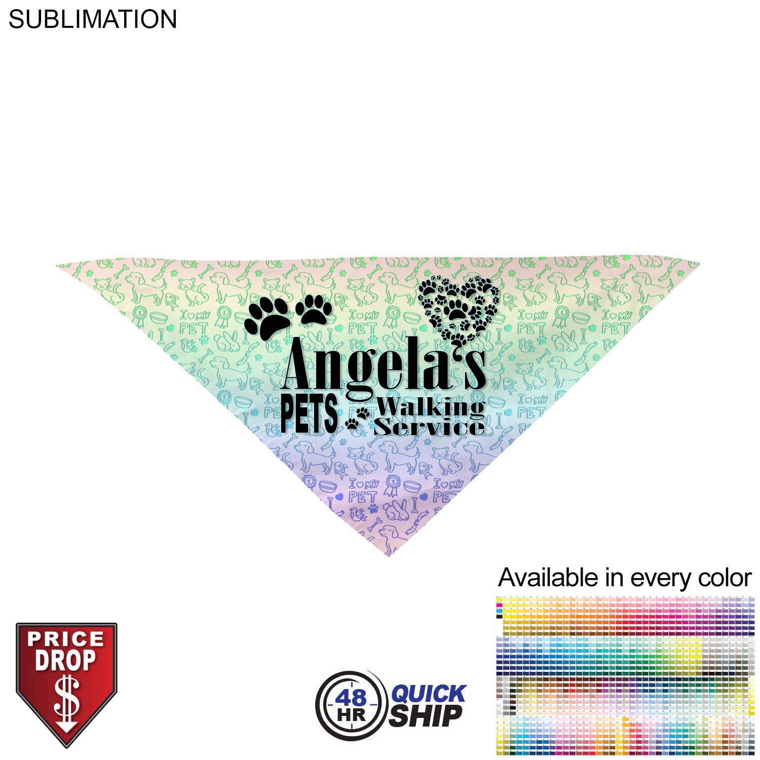 48 Hr Quick Ship - Medium Dog Bandana, 19x19x27, Stitched Edges, Sublimated Edge to Edge 2