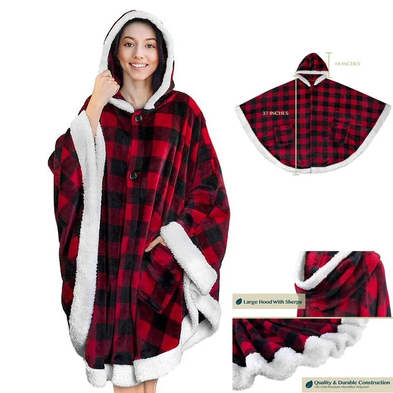 Poncho Hooded Blanket Wrap With Pockets Sherpa Fleece 3
