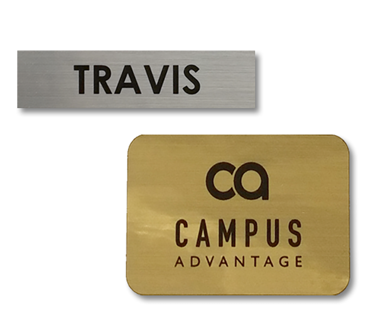 The Zeus full color metallic plastic name badge up to 3 sq" 8