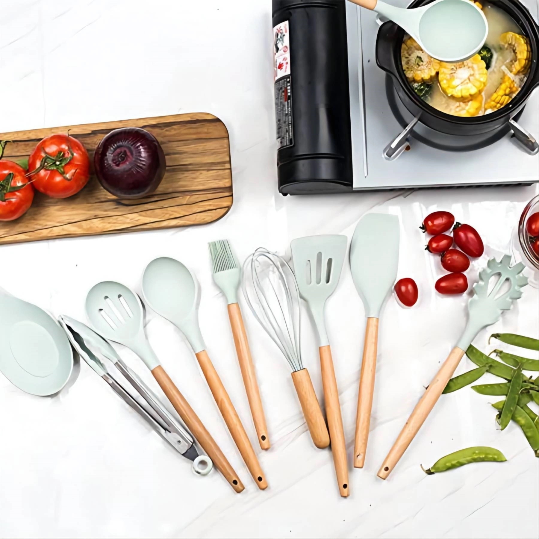 Silicone Kitchen Utensils Set with Wooden Bamboo Handles 3