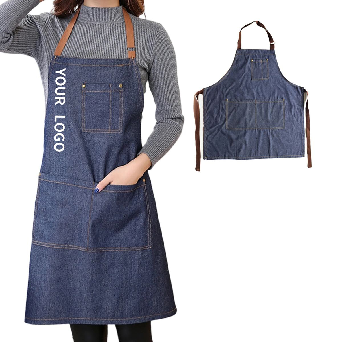 Adjustable Denim Bib Apron with Multiple Pockets 2