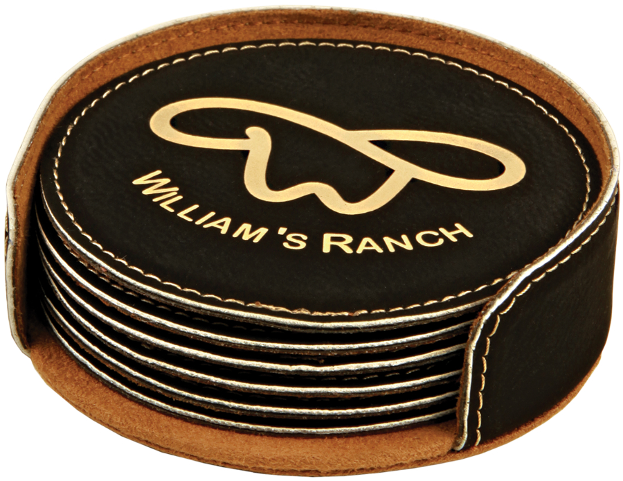 4" Black/Gold Round Leatherette 6-Coaster Set 2