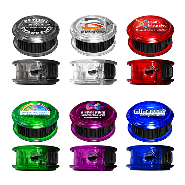 Round Pencil Sharpener with Sliding Cover and Full Color Decal