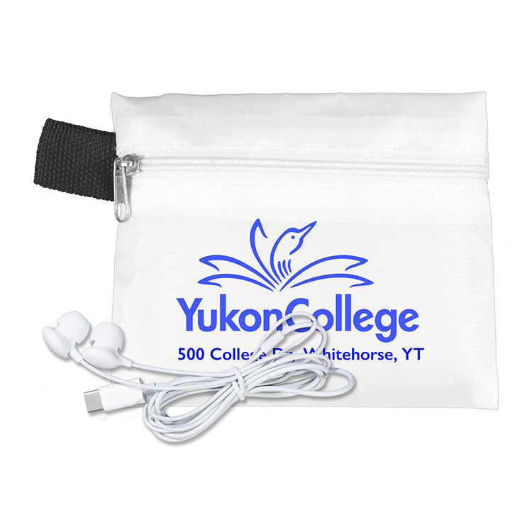 Mobile Tech Earbud Kit In Zipper Pouch Components inserted into Polyester Zipper Pouch 20