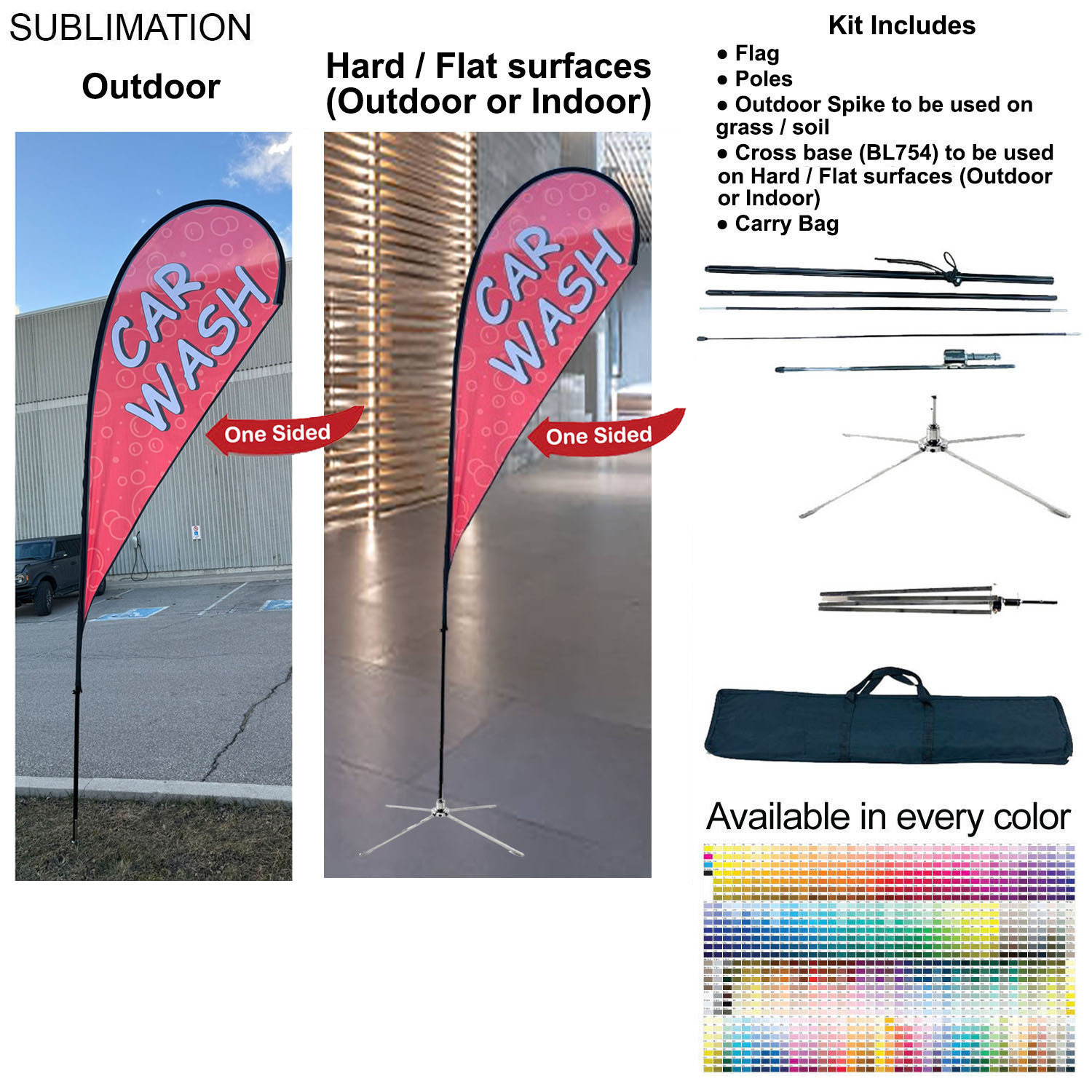 12' Medium Tear Drop Flag Kit, Full Color Graphics One Side, Outdoor Spike base, Indoor Cross Base 11