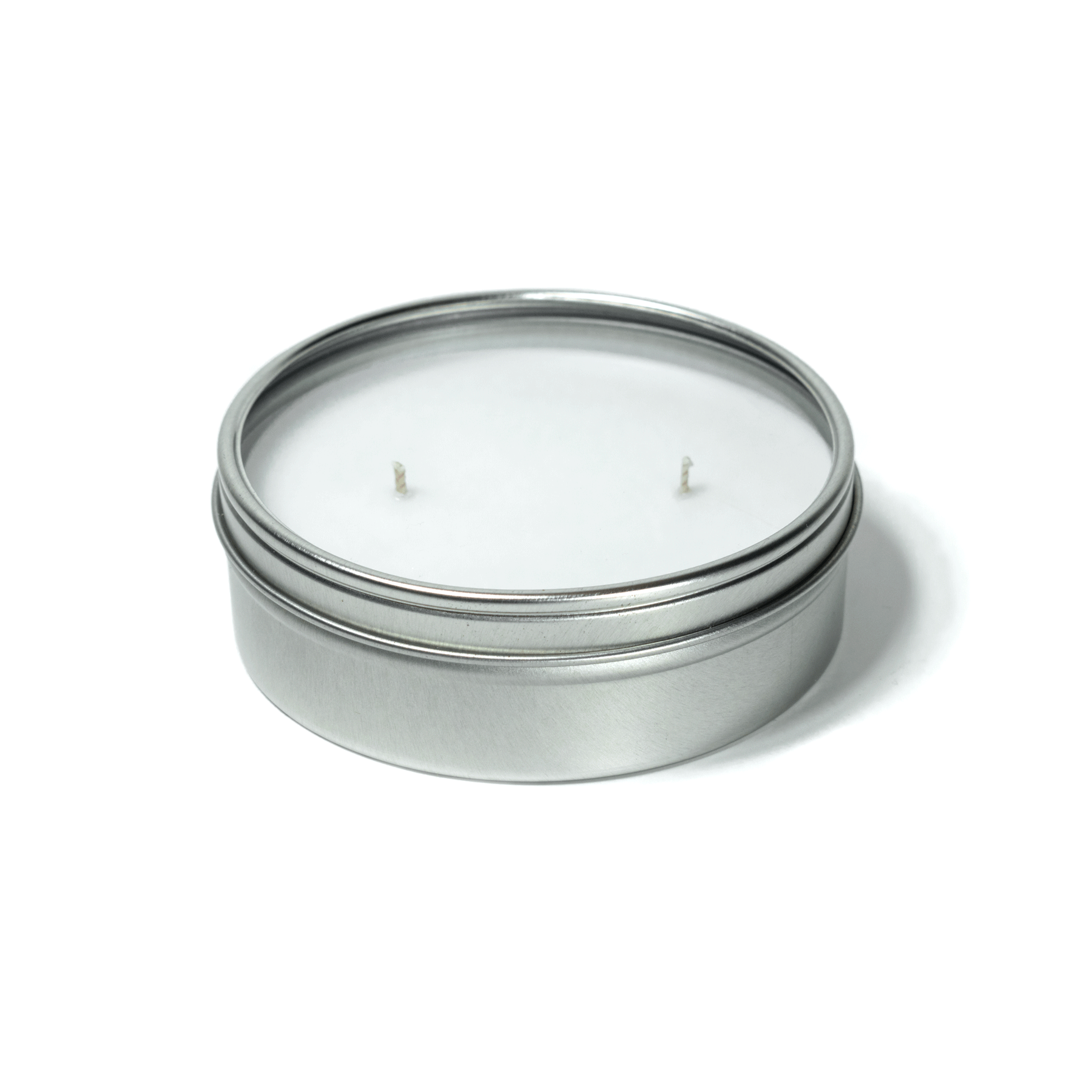 8 oz Tin Travel Candle Silver/Clear Lid with 4-C Imprint