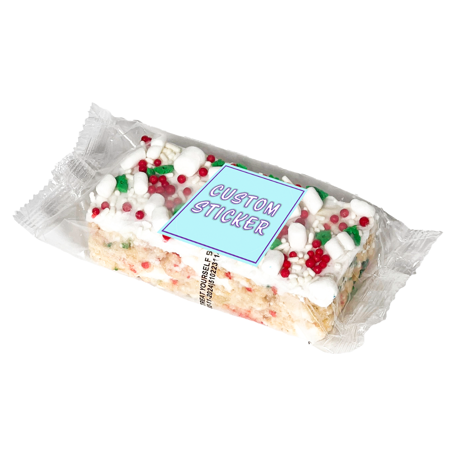 2" x 4" handmade marshmallow crispy rice bar, individually wrapped with custom sticker 2