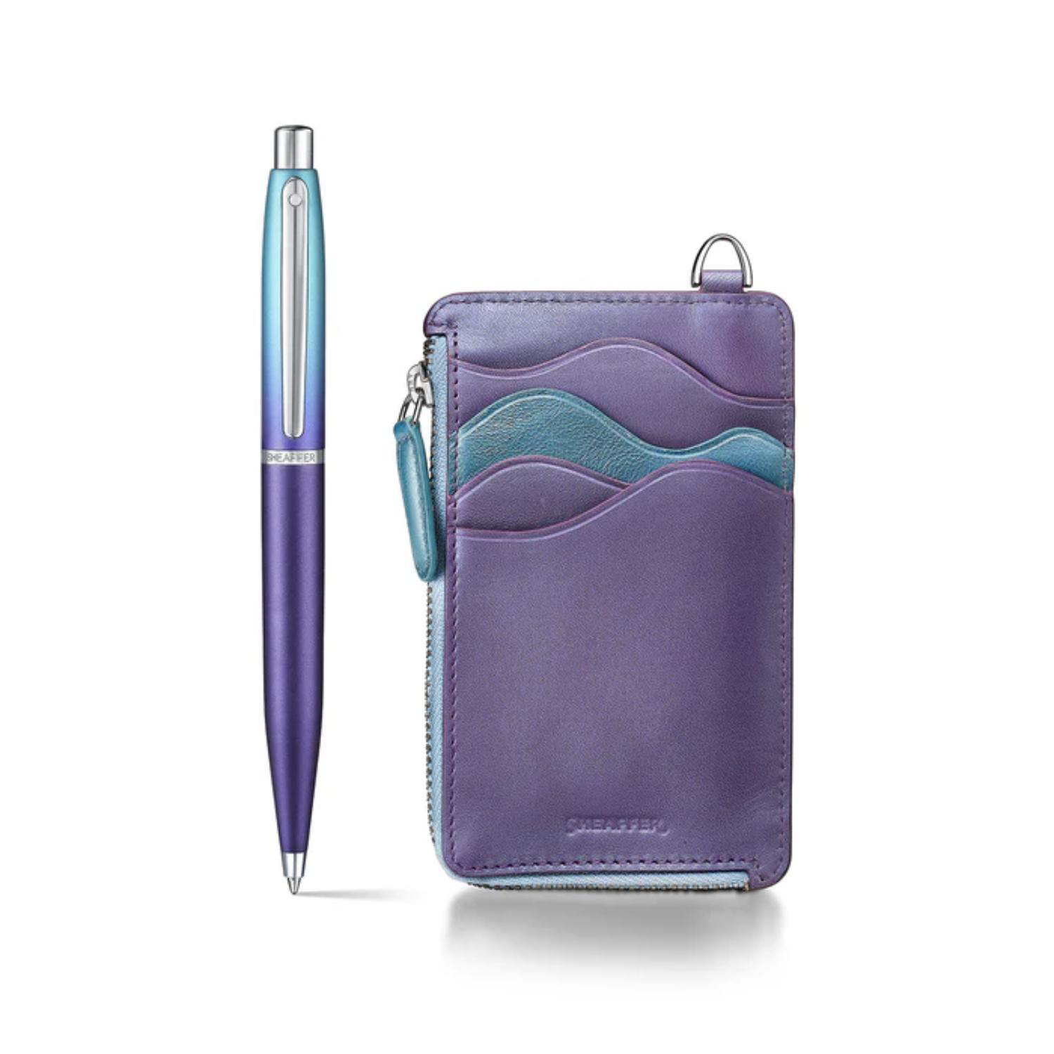 SHEAFFER® Executive Gift Set VFM 9430 Blue and Purple Pearlised Gradient Ballpoint Pen with Genuine Leather Card Case 12