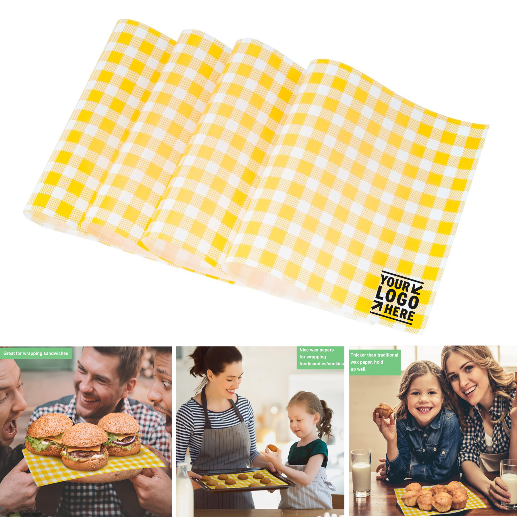 12" x 7.5" Yellow White Checkered Greaseproof Food Deli Wax Sandwich Paper Sheet 2