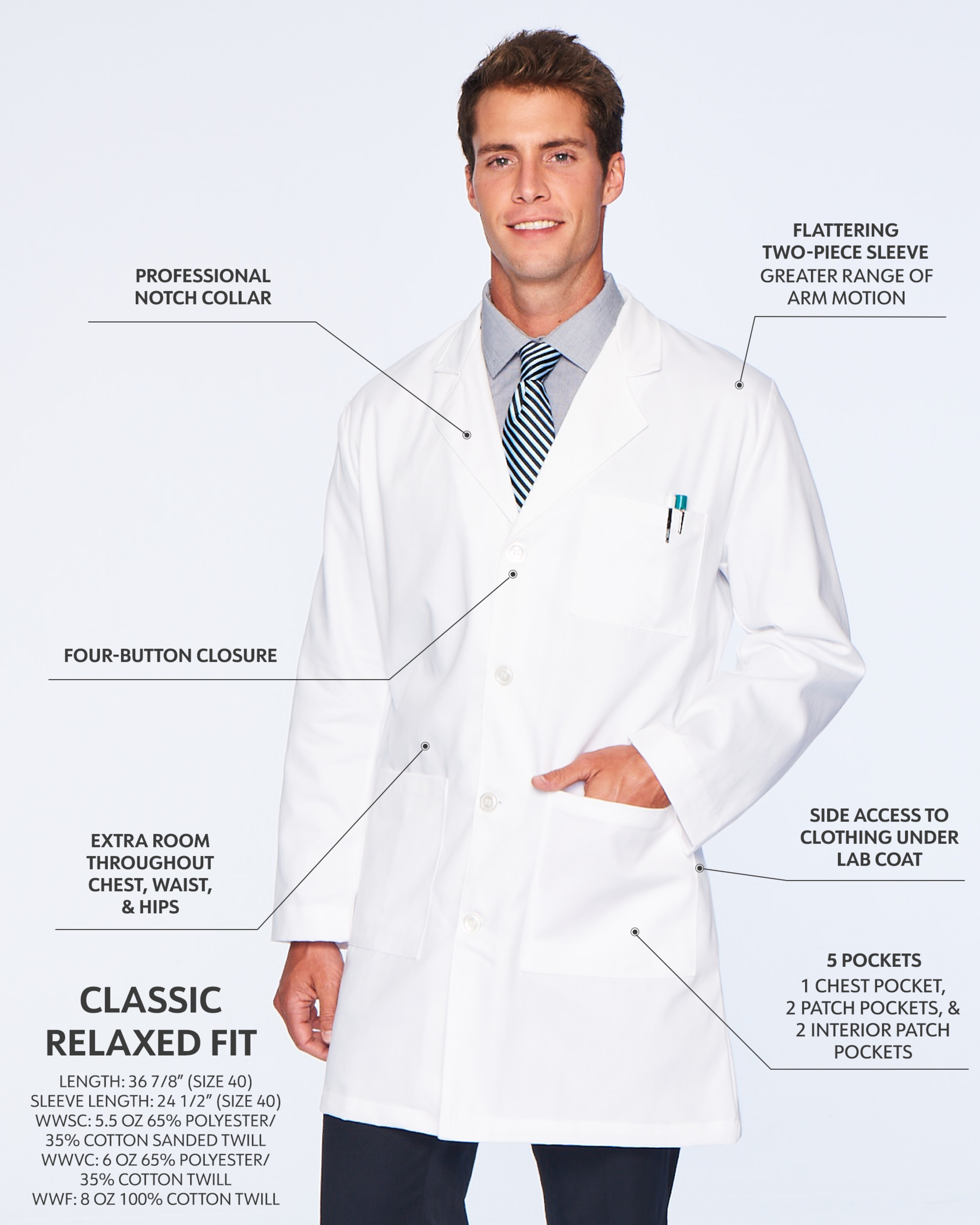Landau - Essential Lab Coats - Men's Five-Pocket 100% Cotton 37" Full-Length Lab Coat 4
