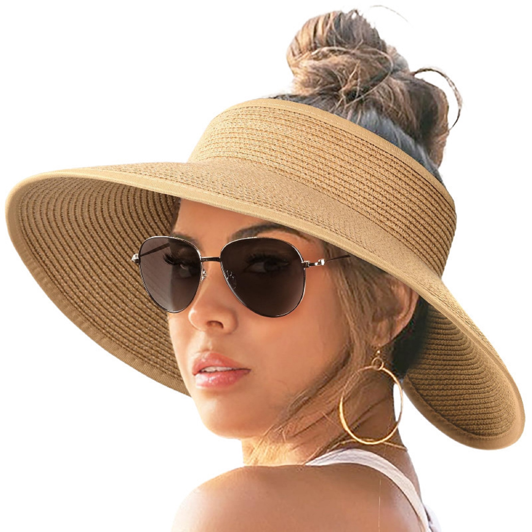 Women's Straw Rolled Ponytail Summer Beach Hat 1