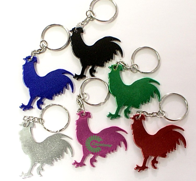 Rooster shape bottle opener with key chain.
