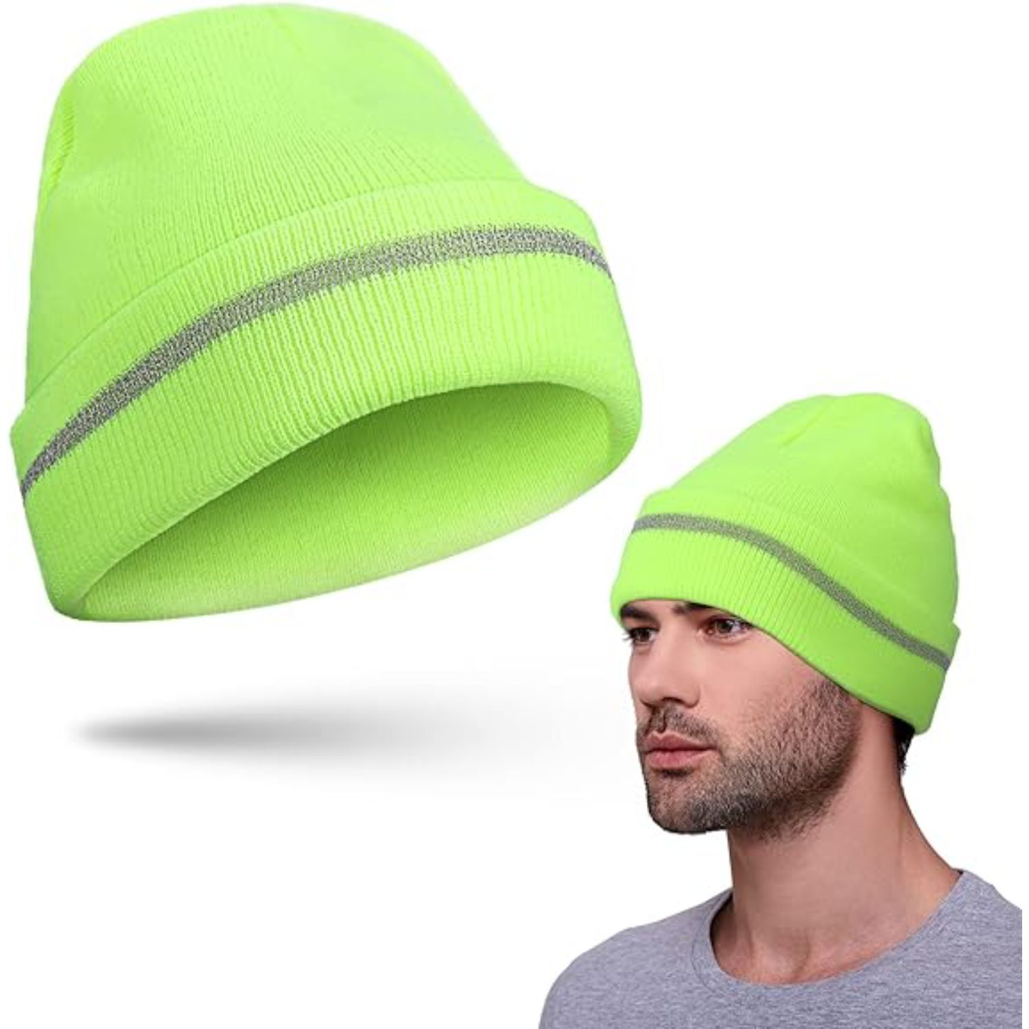 100% Acrylic Reflective Stripe Knitted Cuffed Safety Beanie 5