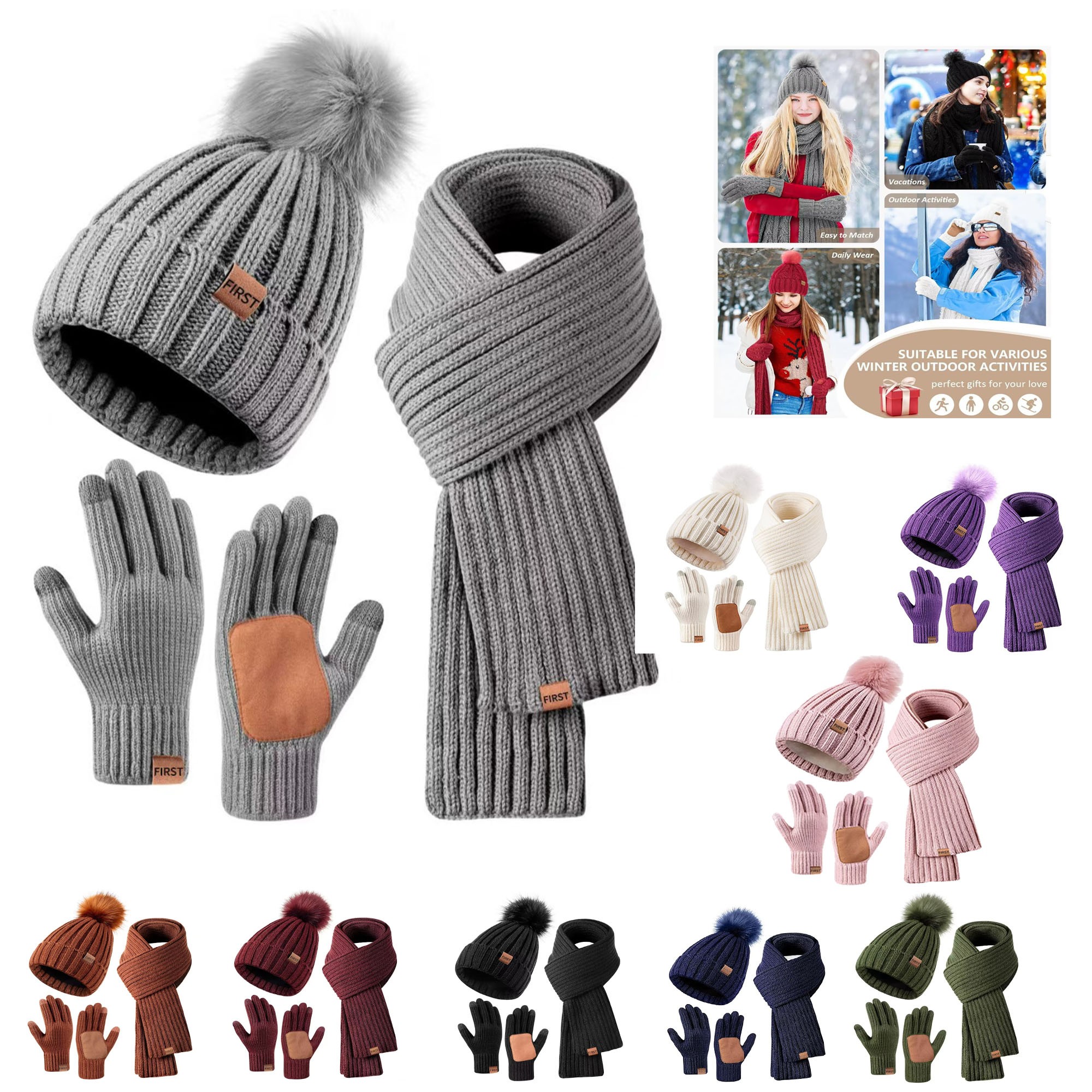 Woman Winter Beanie Hat Scarf Gloves Set 1