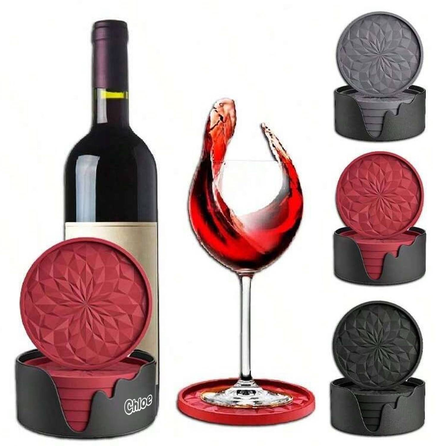 6 Pack Thick Non Slip Silicone Coasters Set w/ Holder 3