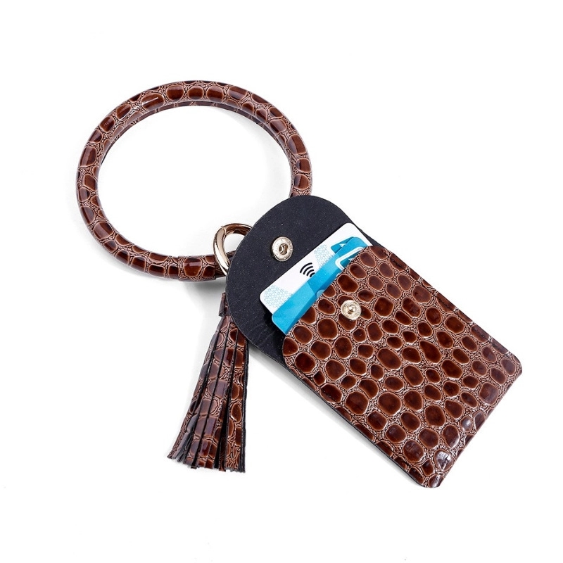 PU Leather Tassel Bracelet ID Credit Cards Holder Keychain 7