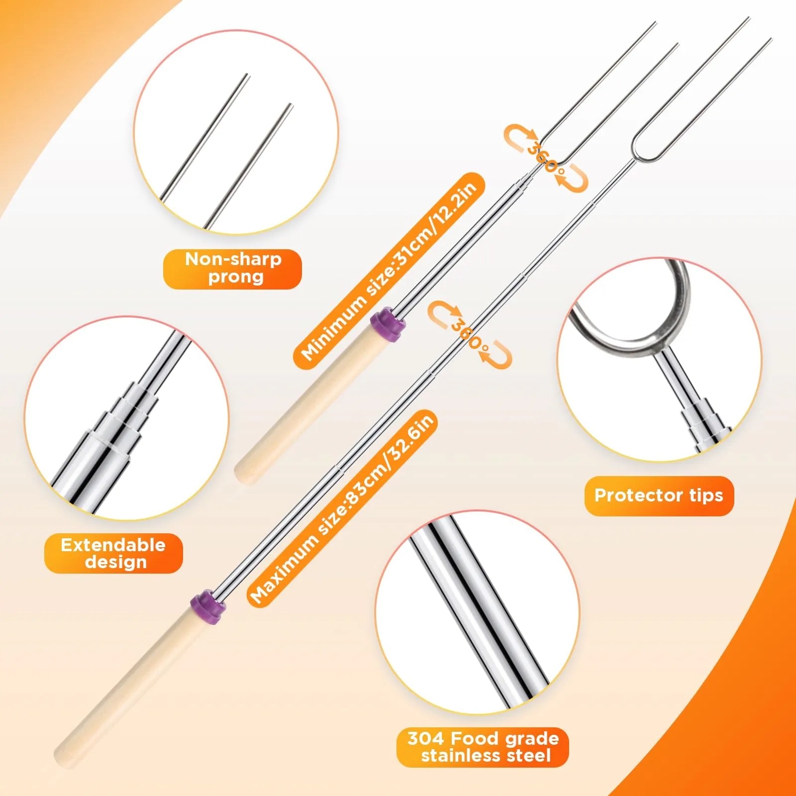 Extendable Stainless Steel Smores Sticks with Wooden Handles 8