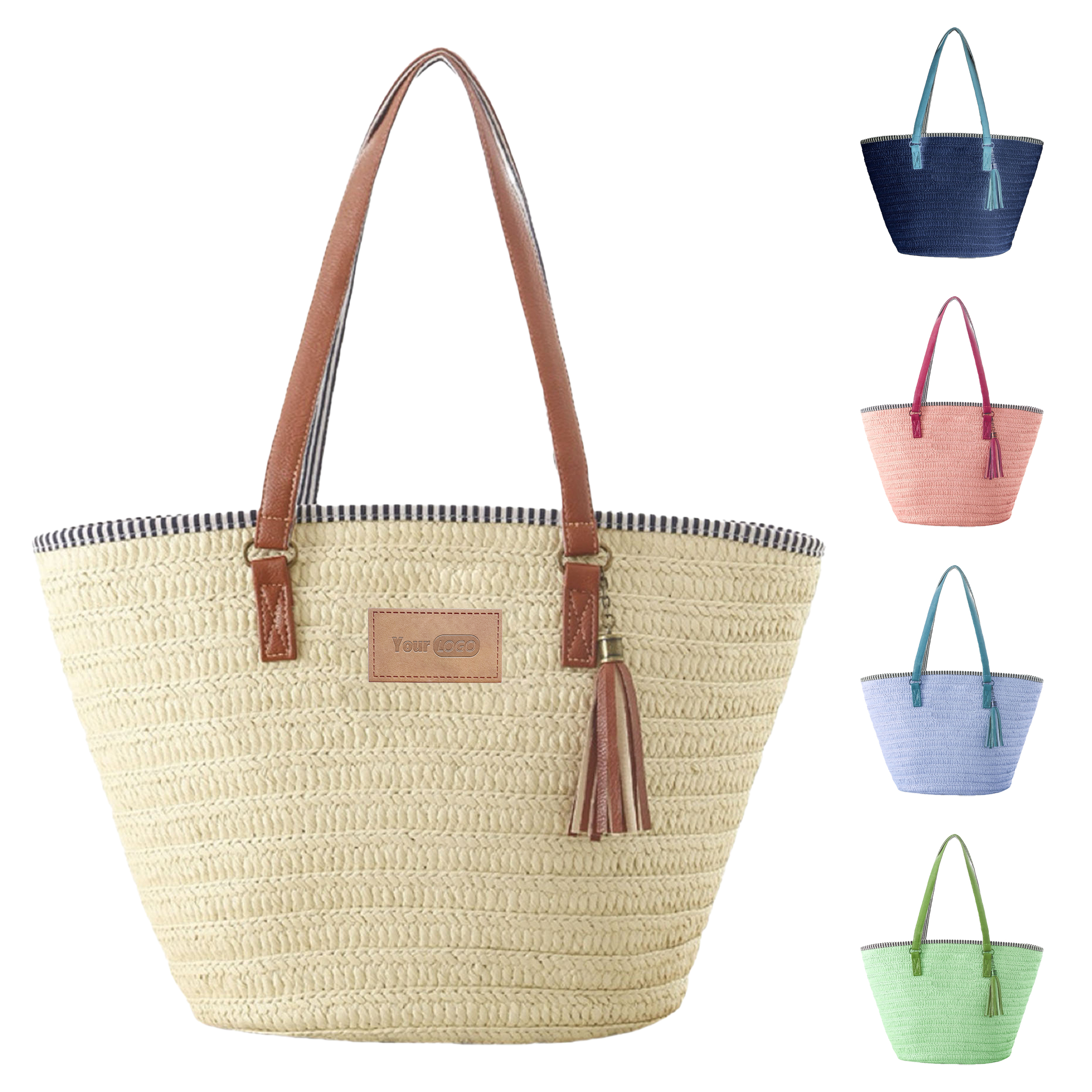 Paper Rope Chic Straw Tote Bag With Leather Straps And Tassel Accent 2